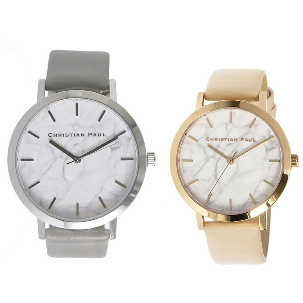 クリスチャンポール 時計 メンズ レディース ペアウォッチ 43mm 35mm ホワイトマーブル 大理石柄 グレー ベビーピンク レザー MWS4302MRL-02 カップル 男女 ペアセット 誕生日ギフト 記念日 成人 卒業 入学｜ブランド腕時計 nopple