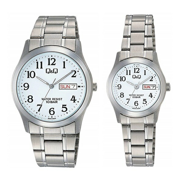 国内定め事品 CITIZEN シチズン ペアウォッチ Q\u0026Q ウオッチ 手表 白文字記号盤 アナログ しろがね色 レトロ W472W473-204二人組 時辰儀 生まれ落ちる日差し上げ物 御洒落 祝する日 成年者 卒 はいり込む