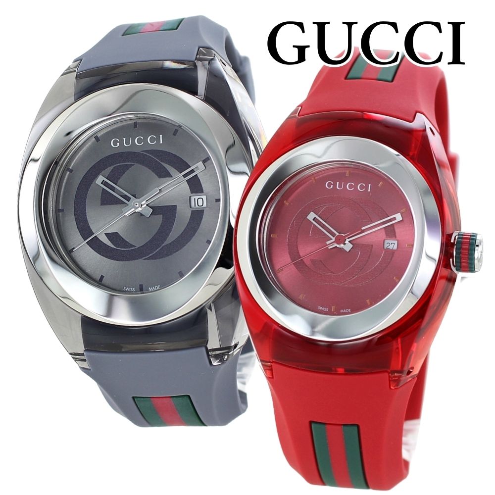 ペアウォッチ グッチ 腕時計 手表 ペアギフト 誕生日 結婚祝い 結婚記念日 高級 時計 GUCCI SYNC シンク ラバー グレー レッド 夫婦 カップル ペア 婚約 結婚 ギフト 贈り物 成人 卒業 入学