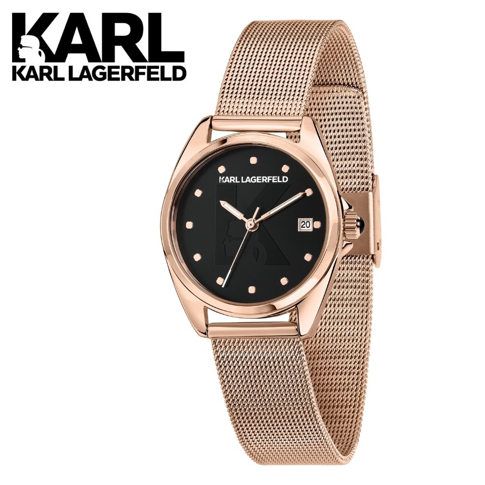 正規品 日本限定 KARL LAGERFELD 腕時計 レディース メッシュベルト ローズゴールド ブラック カールラガーフェルド ウォッチ 誕生日 記念日 ギフト プレゼント 成人 卒業 入学｜ブランド腕時計 nopple
