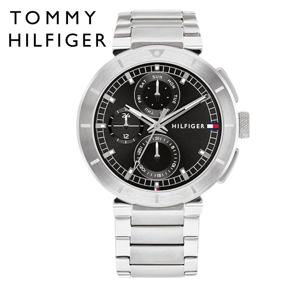 トミーヒルフィガー 腕時計 メンズ ステンレス シンプル ビジネス ブラック シルバー マルチファンクション 44mm TOMMY HILFIGER 彼氏 夫 父 男性 プレゼント 1792116 成人 卒業 入学