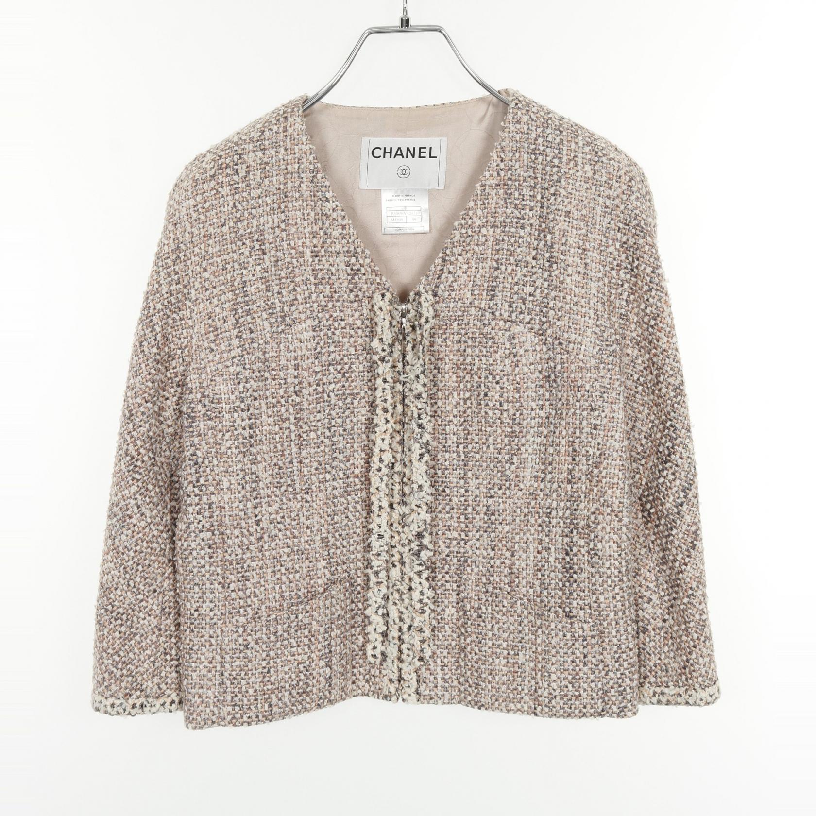 CHANEL ピンク ノーカラージャケット シャネル ココボタン コットン×シルク ノーカラージャケット 34