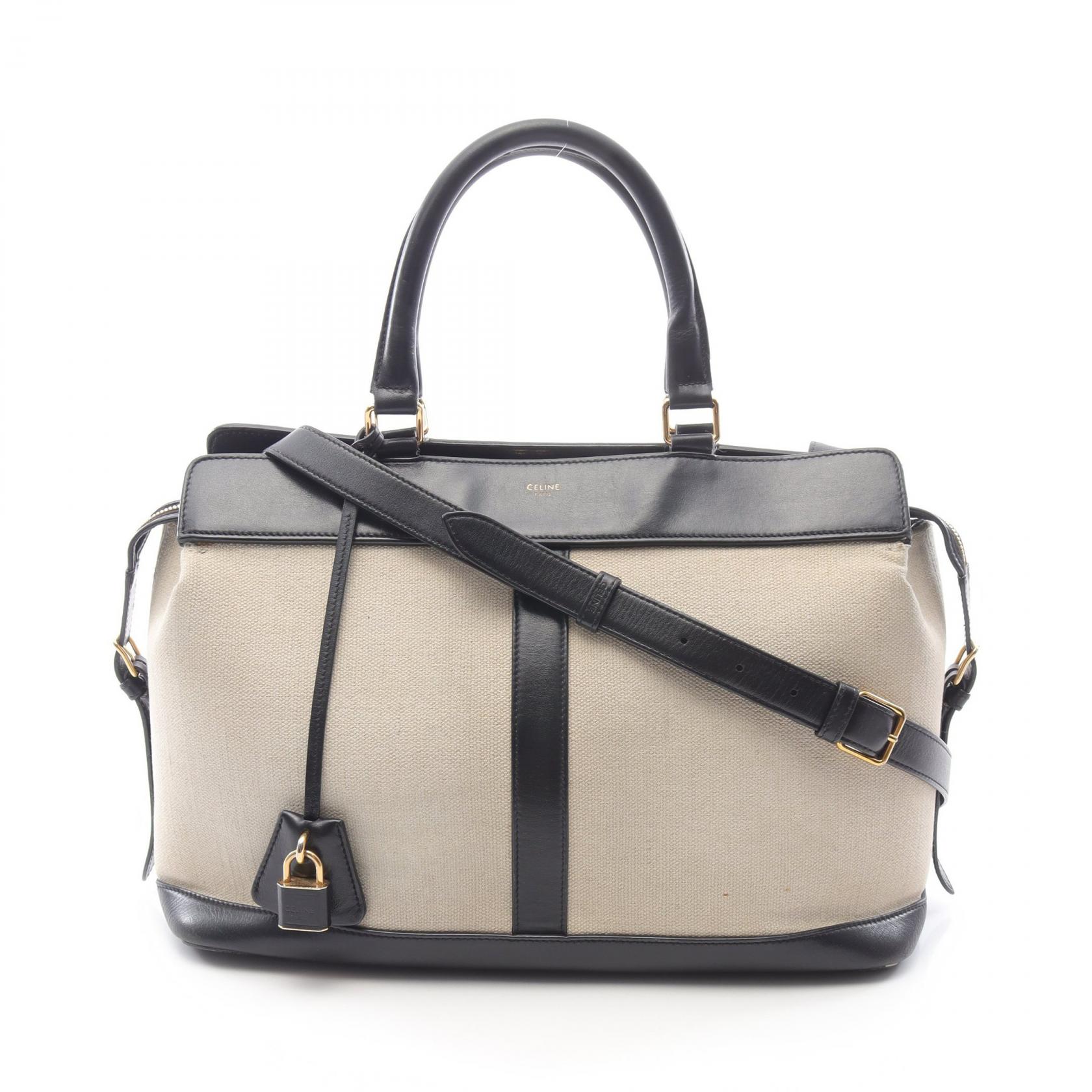 ≪5％OFFクーポン対象＆まとめ買い10%OFF≫セリーヌ CELINE ミディアム カバ ドゥ フランス バッグ ハンドバッグ バッグ キャンバス レザー レディース アイボリー系 / ブラック系 192662CS7 【中古】