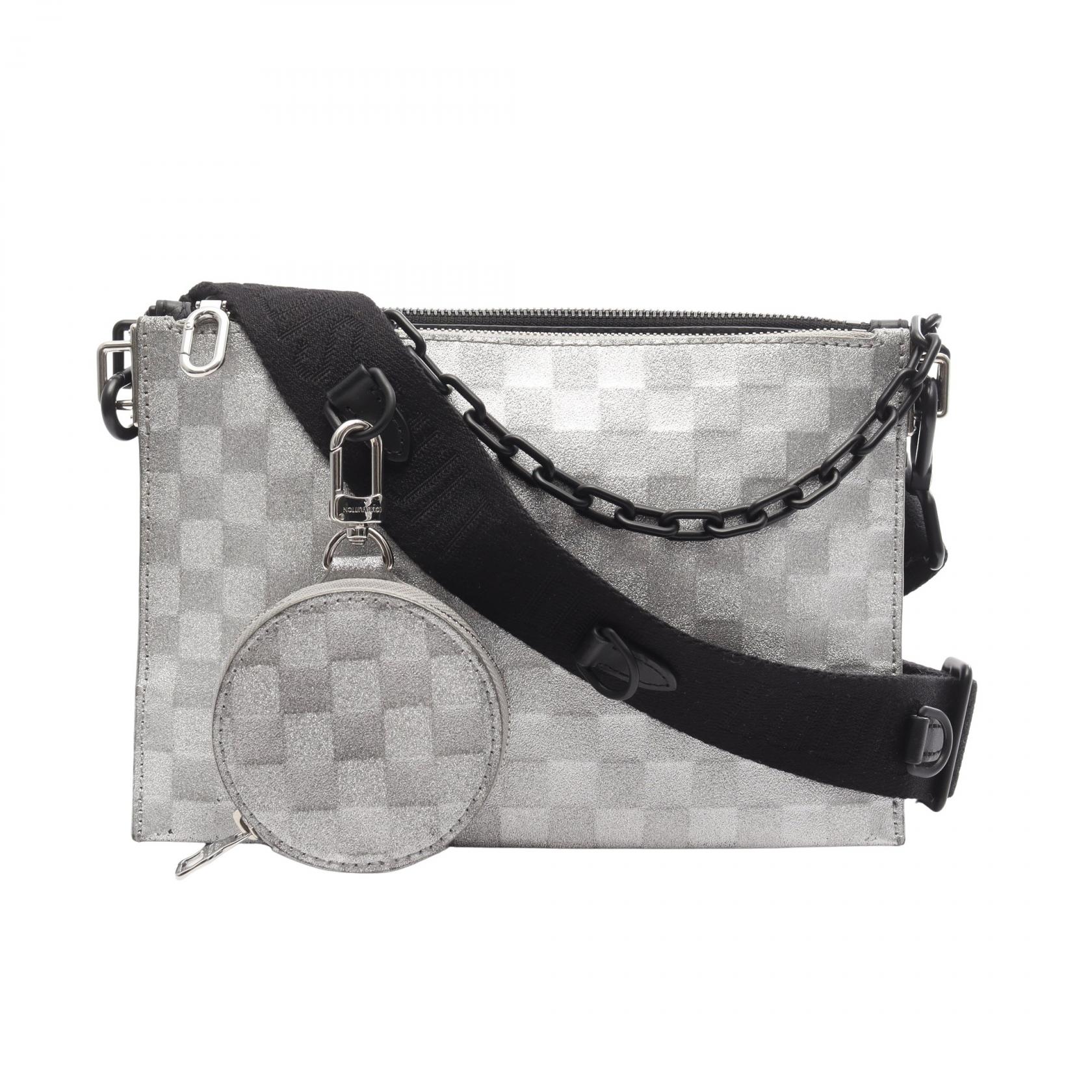 ≪5％OFFクーポン対象＆まとめ買い10%OFF≫ルイ・ヴィトン LOUIS VUITTON トリオポーチNM ダミエグリッター ショルダーバッグ バッグ レザー メンズ シルバー系 / ブラック系 M59682 【中古】