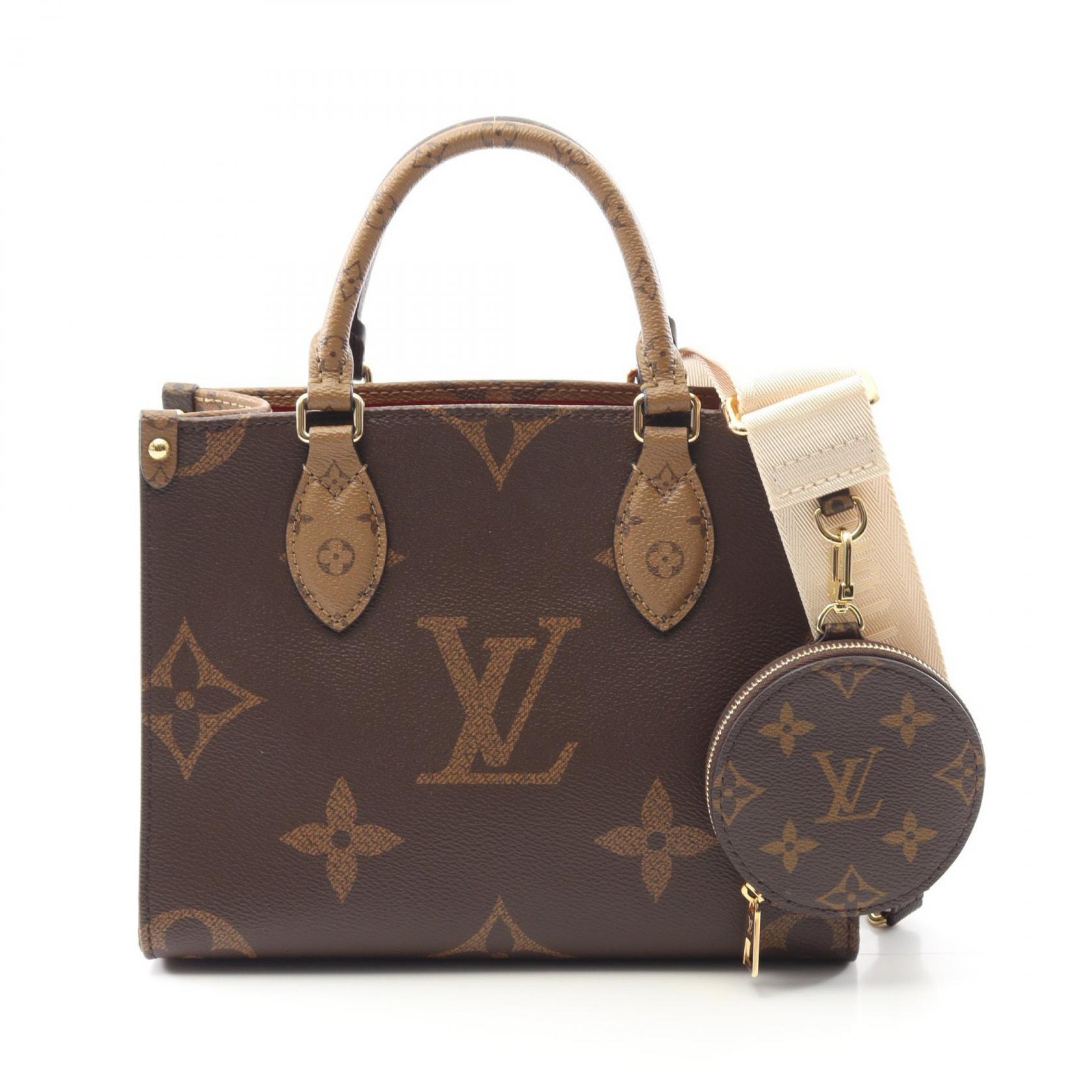 ≪5％OFFクーポン対象＆まとめ買い10%OFF≫ルイ・ヴィトン LOUIS VUITTON オンザゴーPM ハンドバッグ バッグ PVCコーティングキャンバス モノグラム・ジャイアントリバース レディース ブラウン系 / ベージュ系 M46373 【中古】