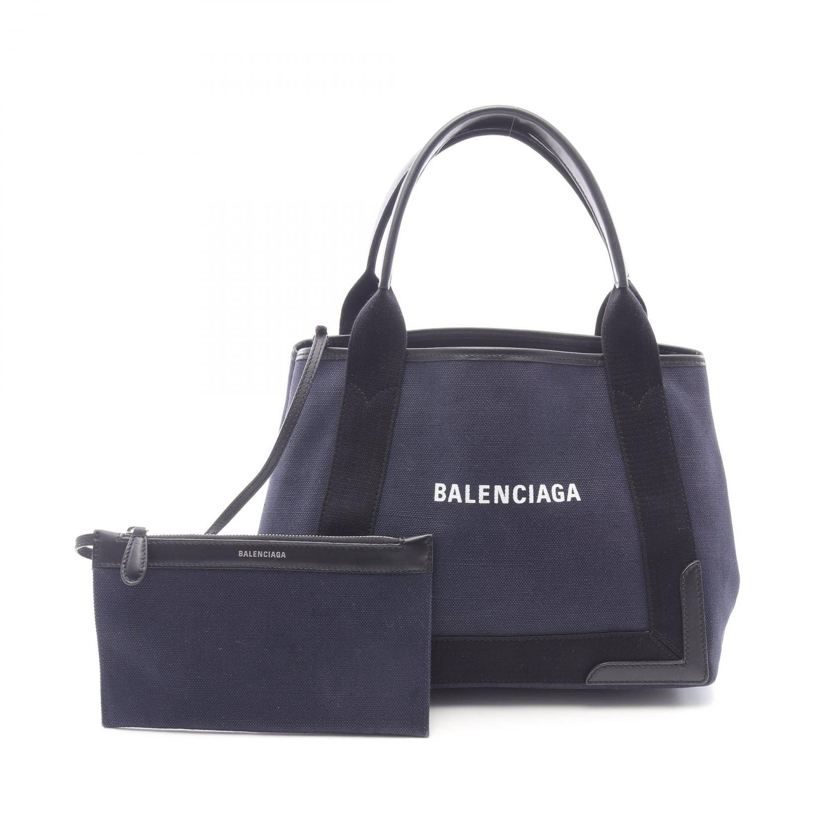 ≪5％OFFクーポン対象＆まとめ買い10%OFF≫バレンシアガ BALENCIAGA NAVY CABAS S ネイビーカバ トートバッグ バッグ キャンバス レザー レディース ネイビー系 / ブラック系 339933 K9H1N 【中古】