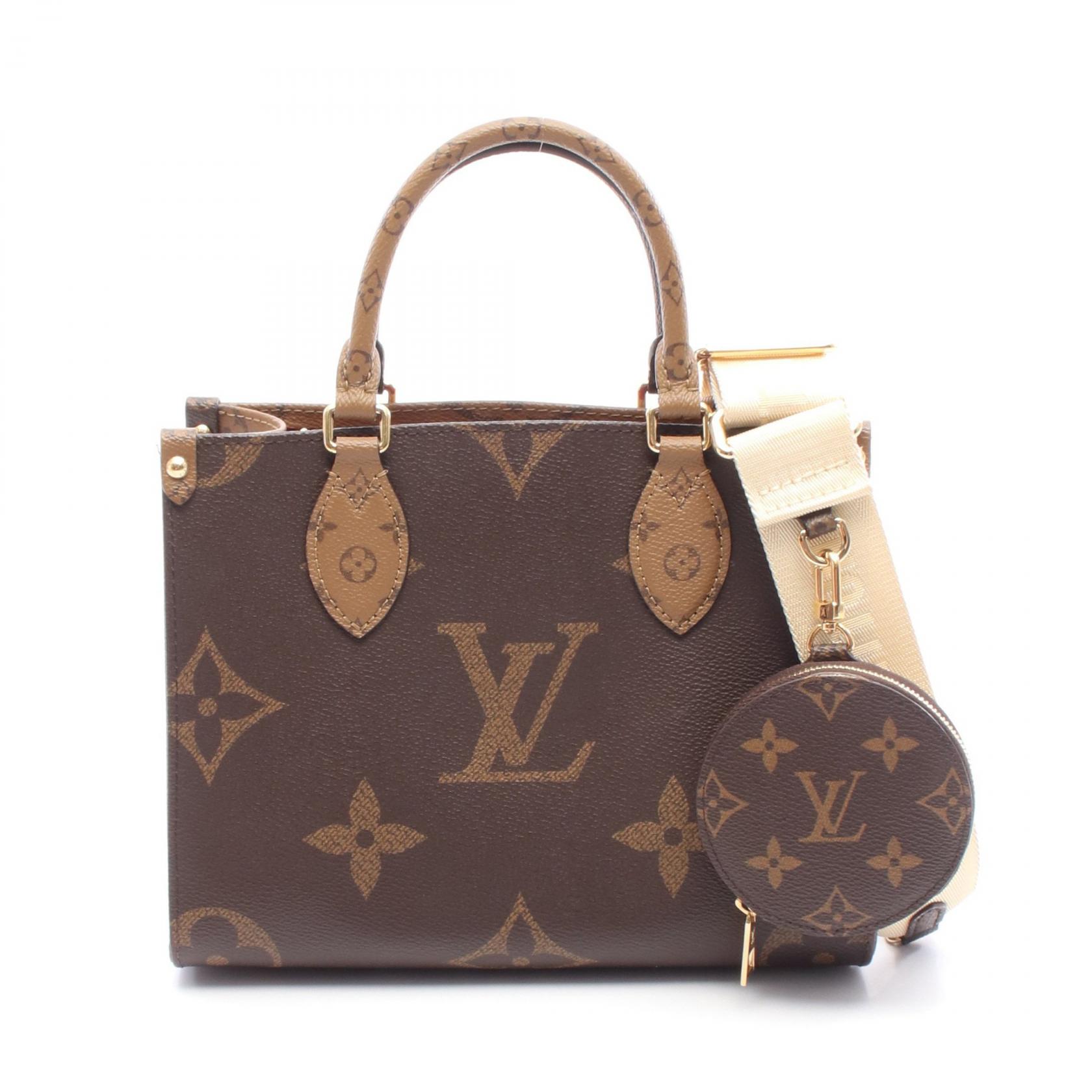 ≪5％OFFクーポン対象＆まとめ買い10%OFF≫ルイ・ヴィトン LOUIS VUITTON オンザゴーPM ハンドバッグ バッグ PVCコーティングキャンバス モノグラム・リバース レディース ブラウン系 / ベージュ系 M46373 【中古】