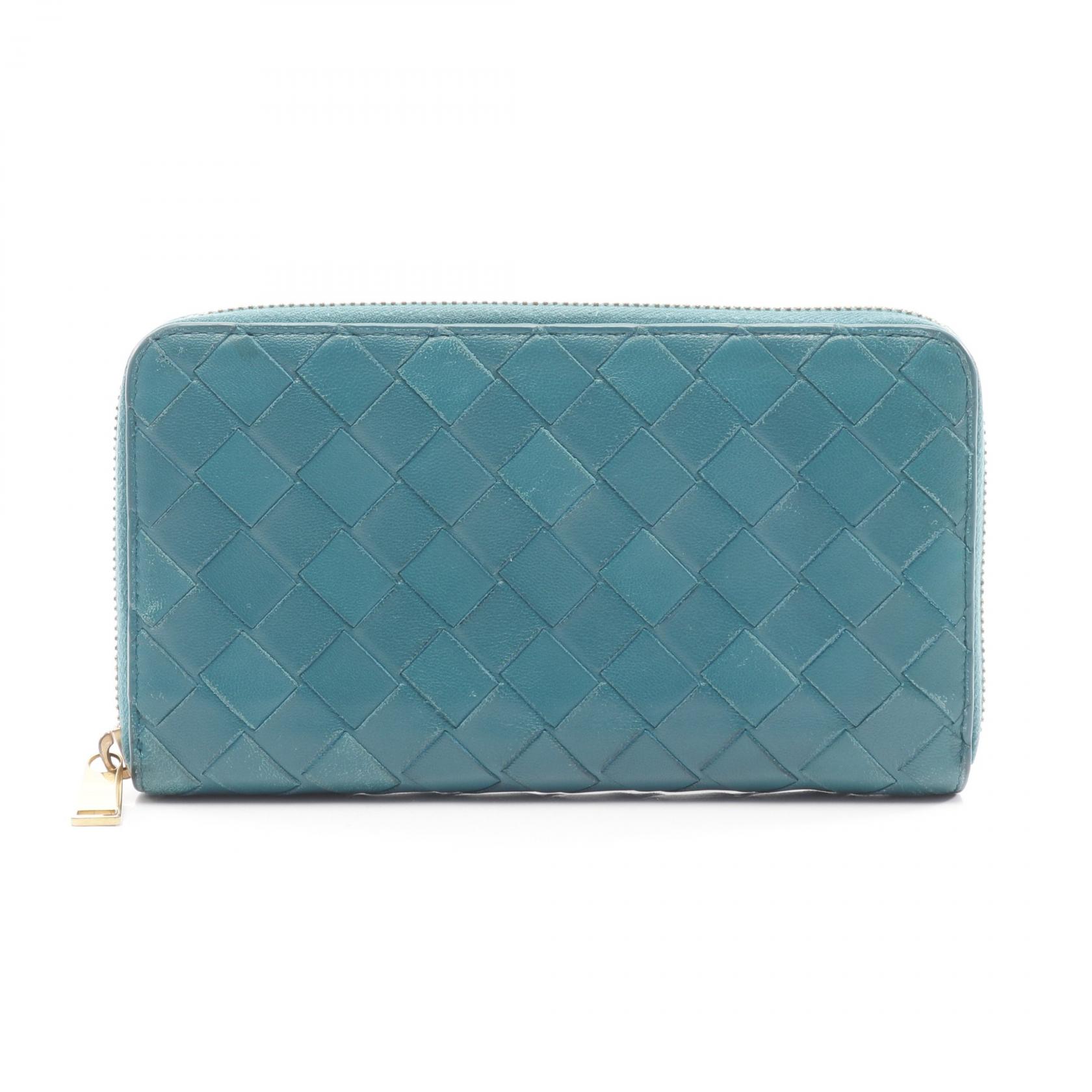 【2千円OFFクーポン対象】ボッテガヴェネタ BOTTEGA VENETA イントレチャート ラウンド長財布 財布 レザー メンズ レディース グリーン系 【中古】