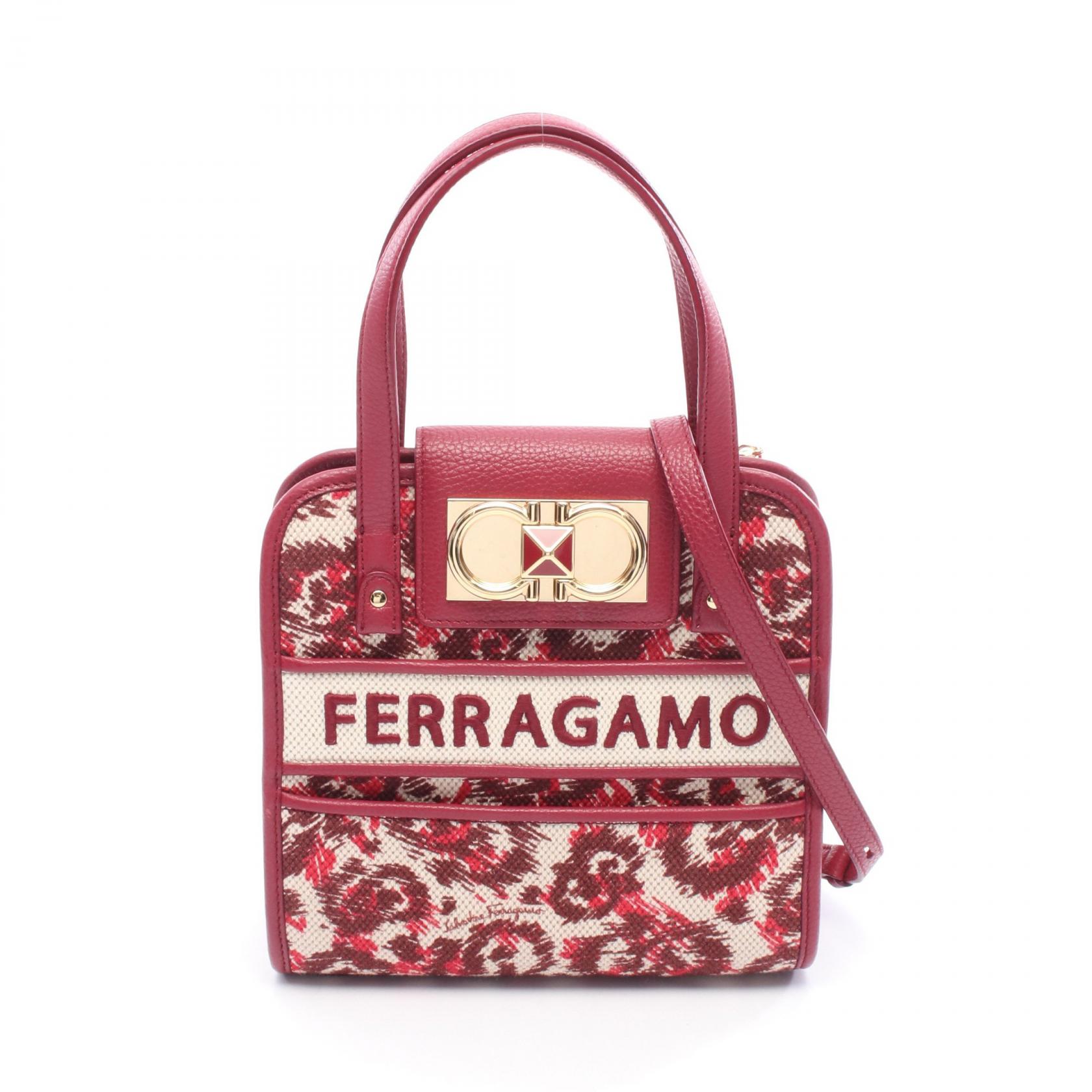 ≪5％OFFクーポン対象＆まとめ買い10%OFF≫サルヴァトーレフェラガモ Salvatore Ferragamo ダブルガンチーニ アイコニック ミニ ハンドバッグ バッグ キャンバス レザー レディース ボルドー系 / マルチカラー 22 0395 【中古】
