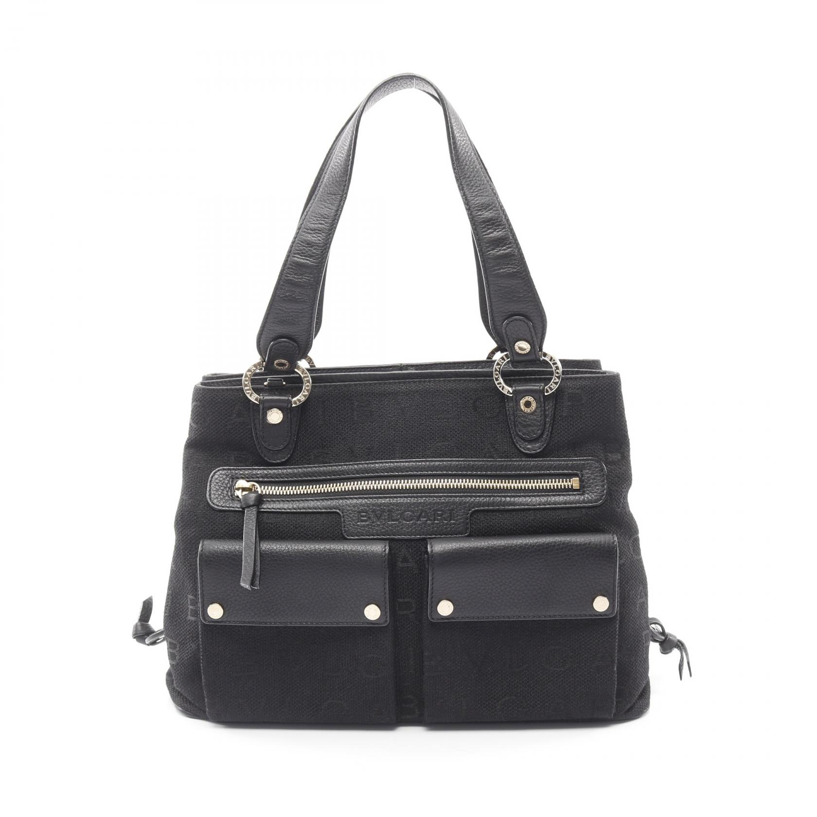 ≪5％OFFクーポン対象＆まとめ買い10%OFF≫ブルガリ BVLGARI マキシレッタレ ハンドバッグ バッグ キャンバス レザー レディース ブラック系 【中古】