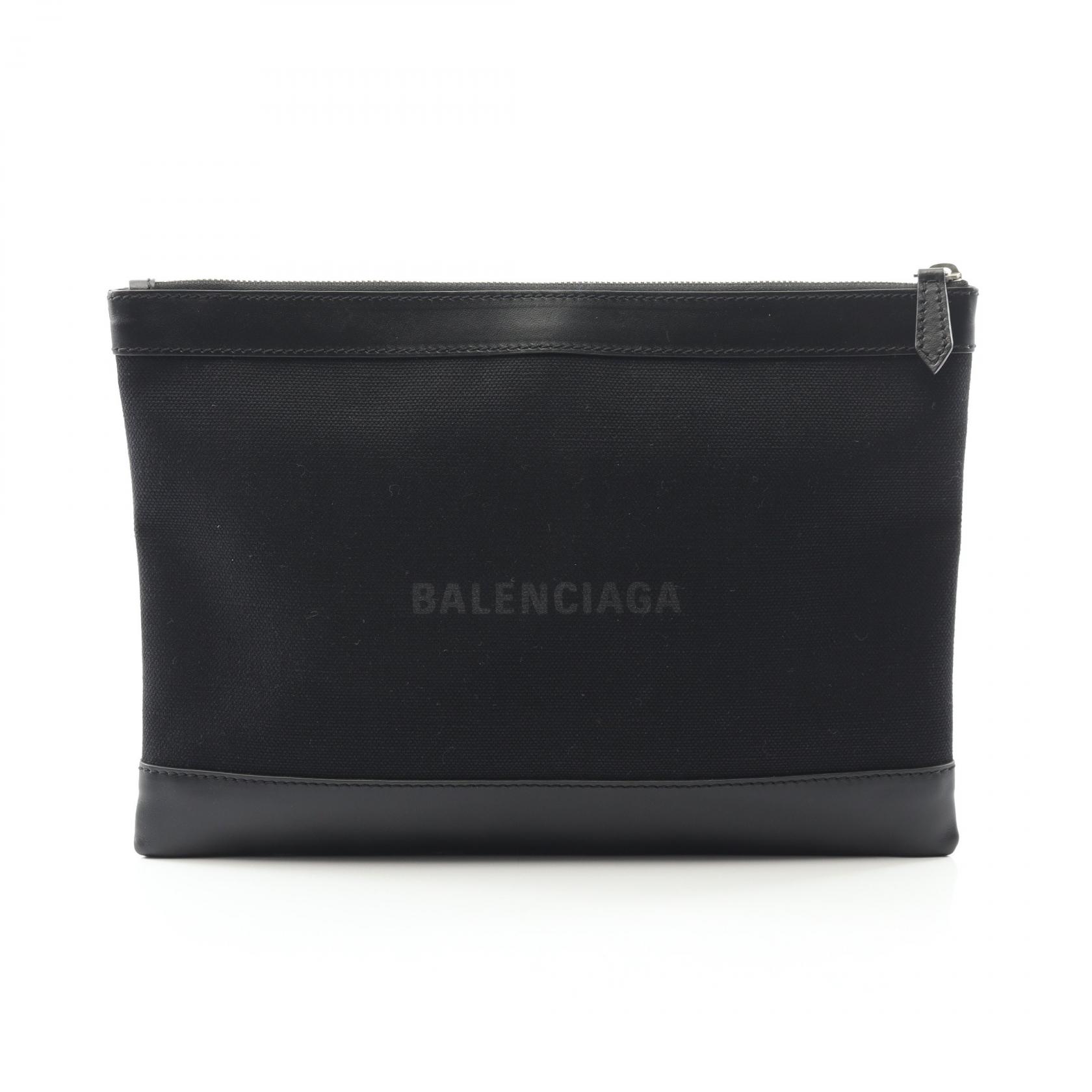 ≪5％OFFクーポン対象＆まとめ買い10%OFF≫バレンシアガ BALENCIAGA ネイビークリップ M セカンドバッグ クラッチバッグ バッグ キャンバス レザー メンズ レディース ブラック系 373834 【中古】