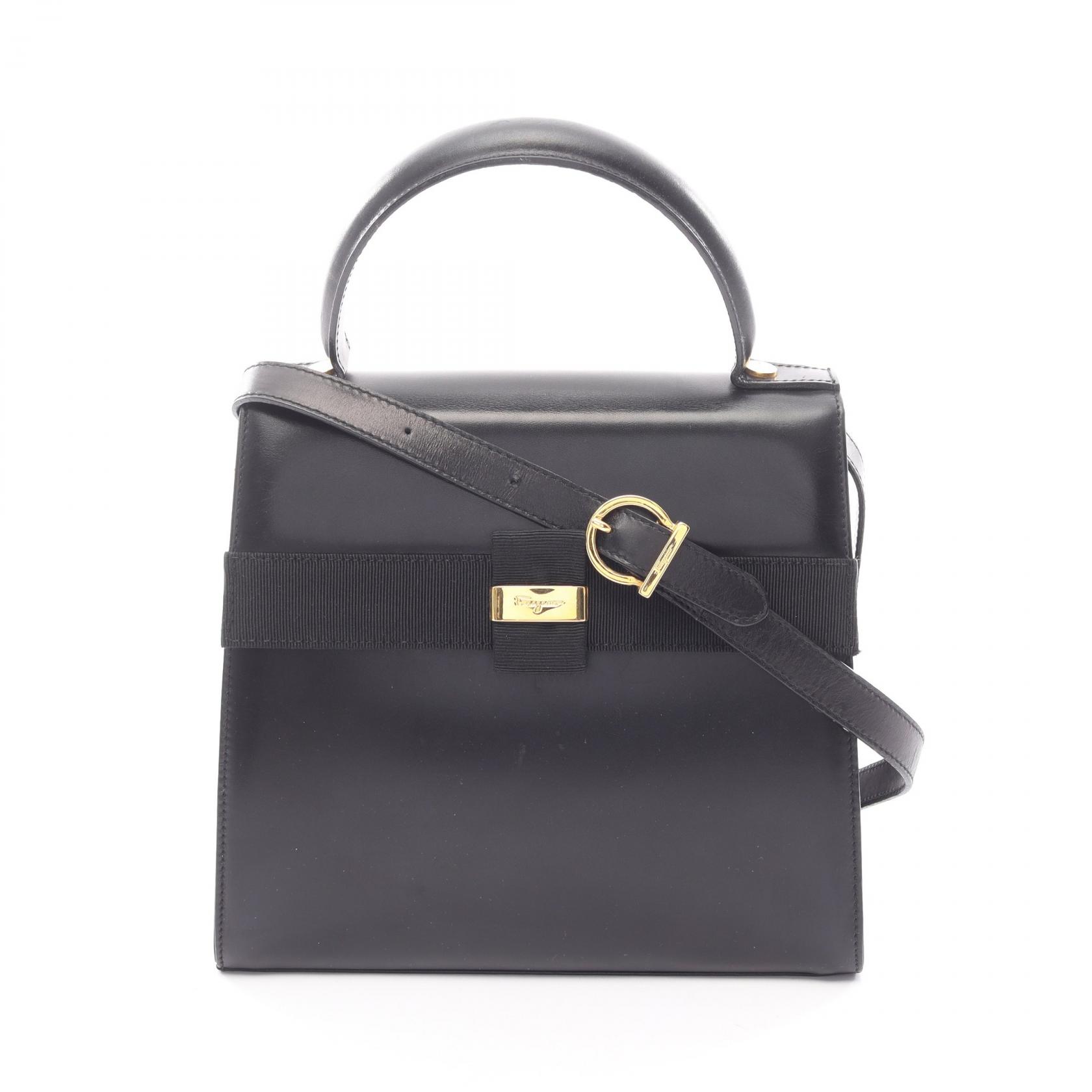 ≪5％OFFクーポン対象＆まとめ買い10%OFF≫サルヴァトーレフェラガモ Salvatore Ferragamo ヴァラリボン ハンドバッグ バッグ レザー レディース ブラック系 【中古】