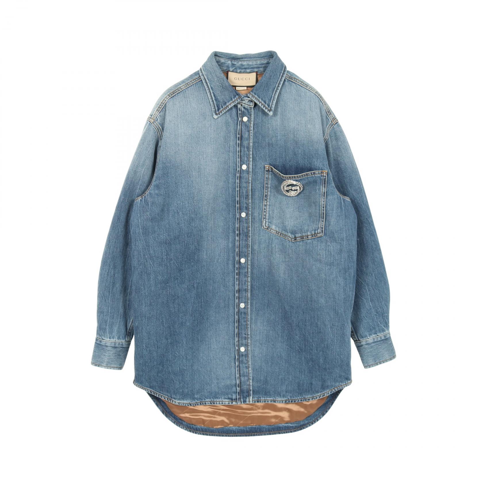 ≪5％OFFクーポン対象＆まとめ買い10%OFF≫グッチ GUCCI WASHED ORGANIC DENIM SHIRT デニムジャケット 衣料品 アウター コットン レディース ネイビー系 772882 【中古】