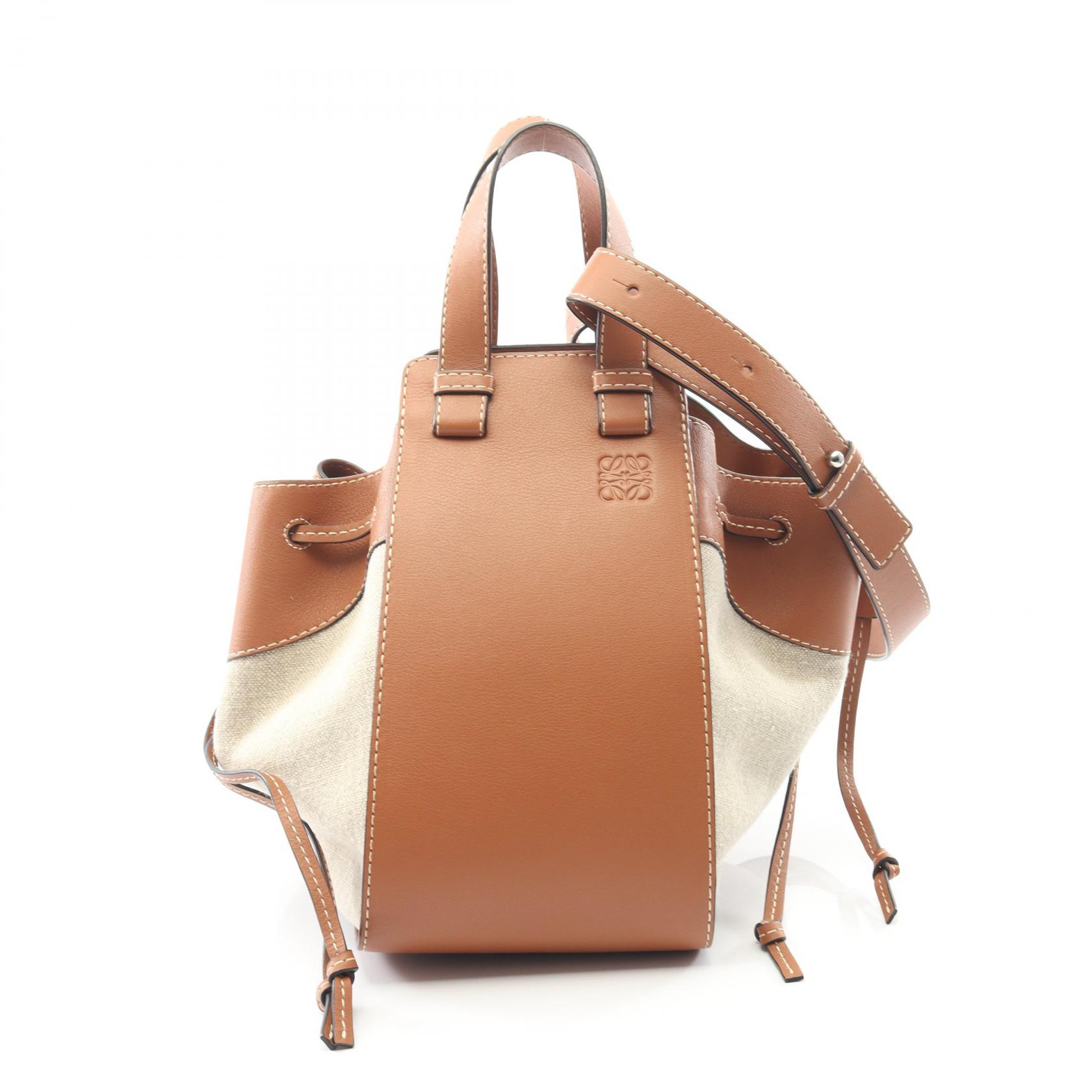 ロエベ LOEWE ハンモック ドローストリングバッグ ミディアム ハンドバッグ バッグ レザー キャンバス レディース ブラウン系 / ベージュ系 【中古】