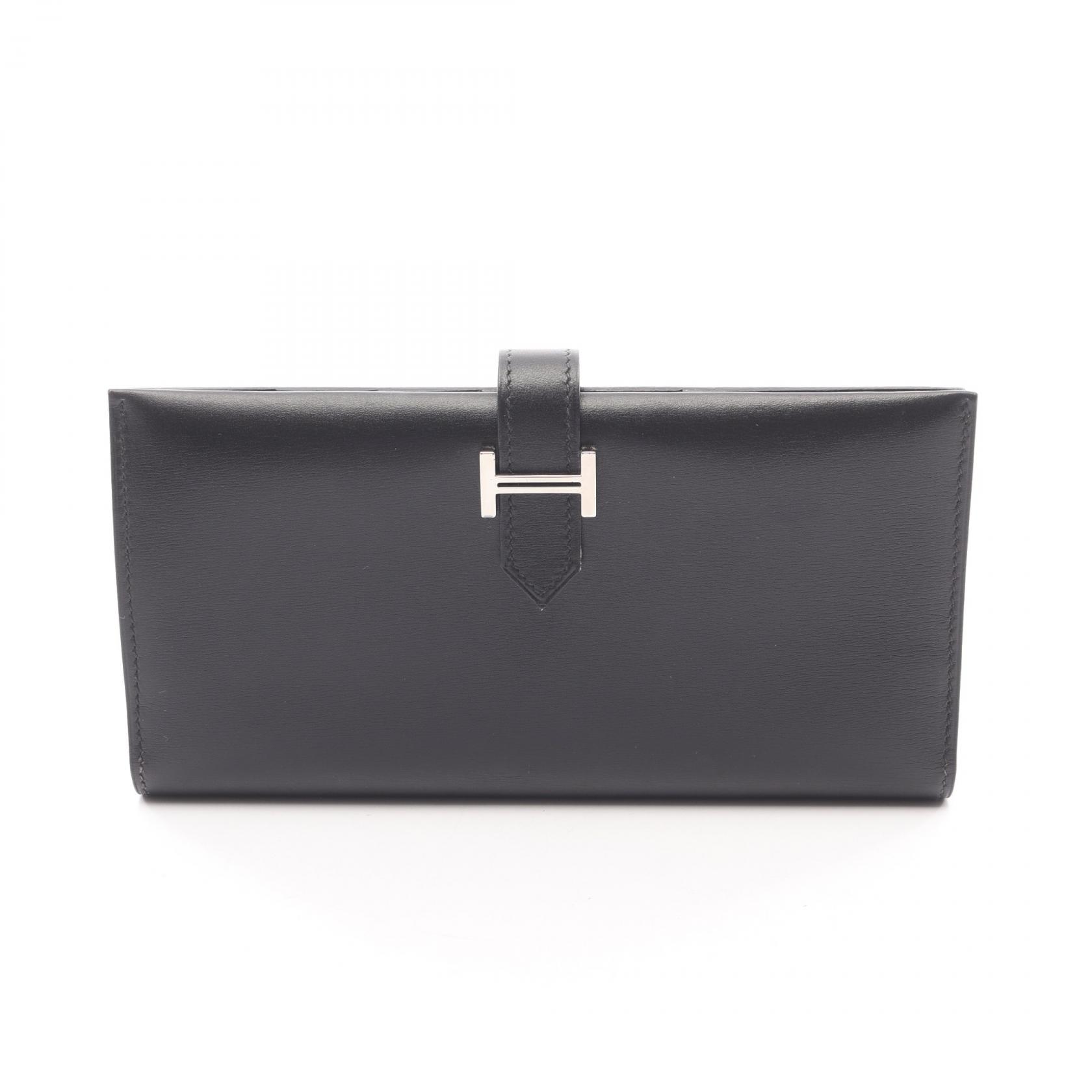 【ポイント5倍｜4/18 0:00～4/20 23:59】エルメス HERMES ベアンスフレ 二つ折り長財布 財布 カーフ（牛革） ボックスカーフ レディース ブラック系 【中古】