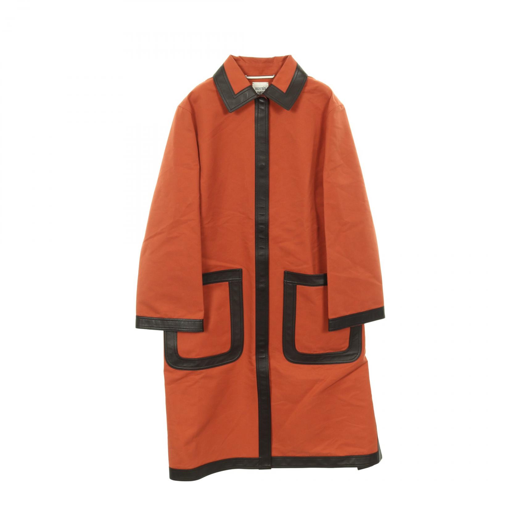 【ポイント5倍｜4/18 0:00～4/20 23:59】エルメス HERMES ステンカラーコート 衣料品 アウター ラムスキン（羊革） コットン レディース オレンジ系 / ブラウン系 【中古】