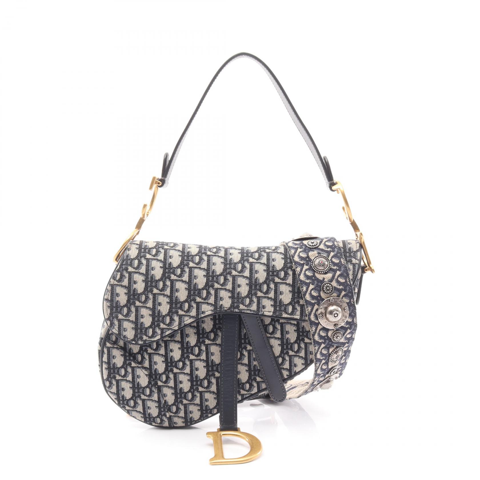 ディオール Dior サドルバッグ オブリークジャカード ハンドバッグ バッグ キャンバス レザー レディース ベージュ系 / ネイビー系 / ブラック系 【中古】