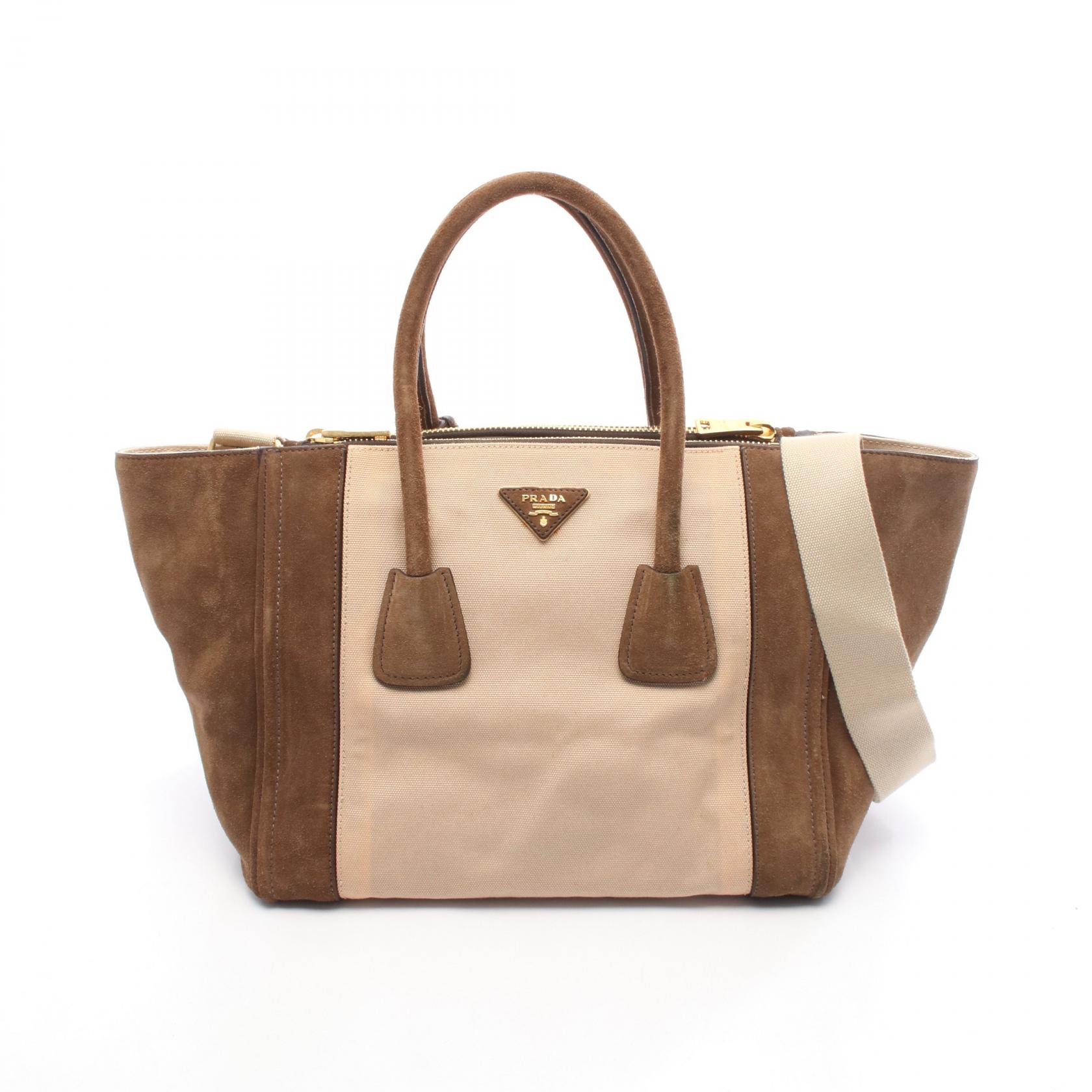 ≪5％OFFクーポン対象＆まとめ買い10%OFF≫プラダ PRADA CANAPA+SCAMOSCIA ハンドバッグ バッグ キャンバス スウェード レディース ベージュ系 / ブラウン系 【中古】