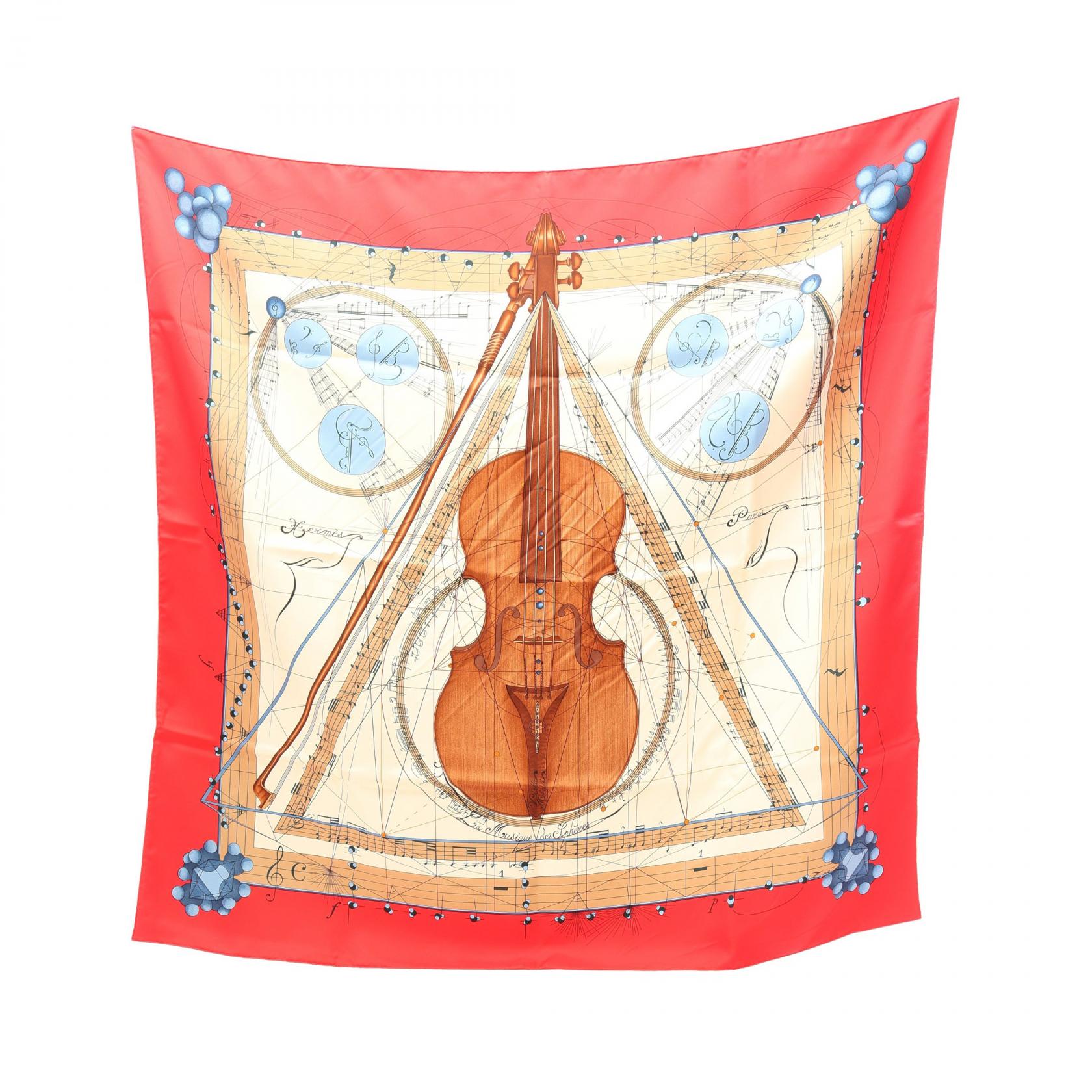 エルメス HERMES カレ90 La Musique des Spheres スカーフ 衣料品 シルク シルク レディース レッド系 / ベージュ系 / マルチカラー 【中古】