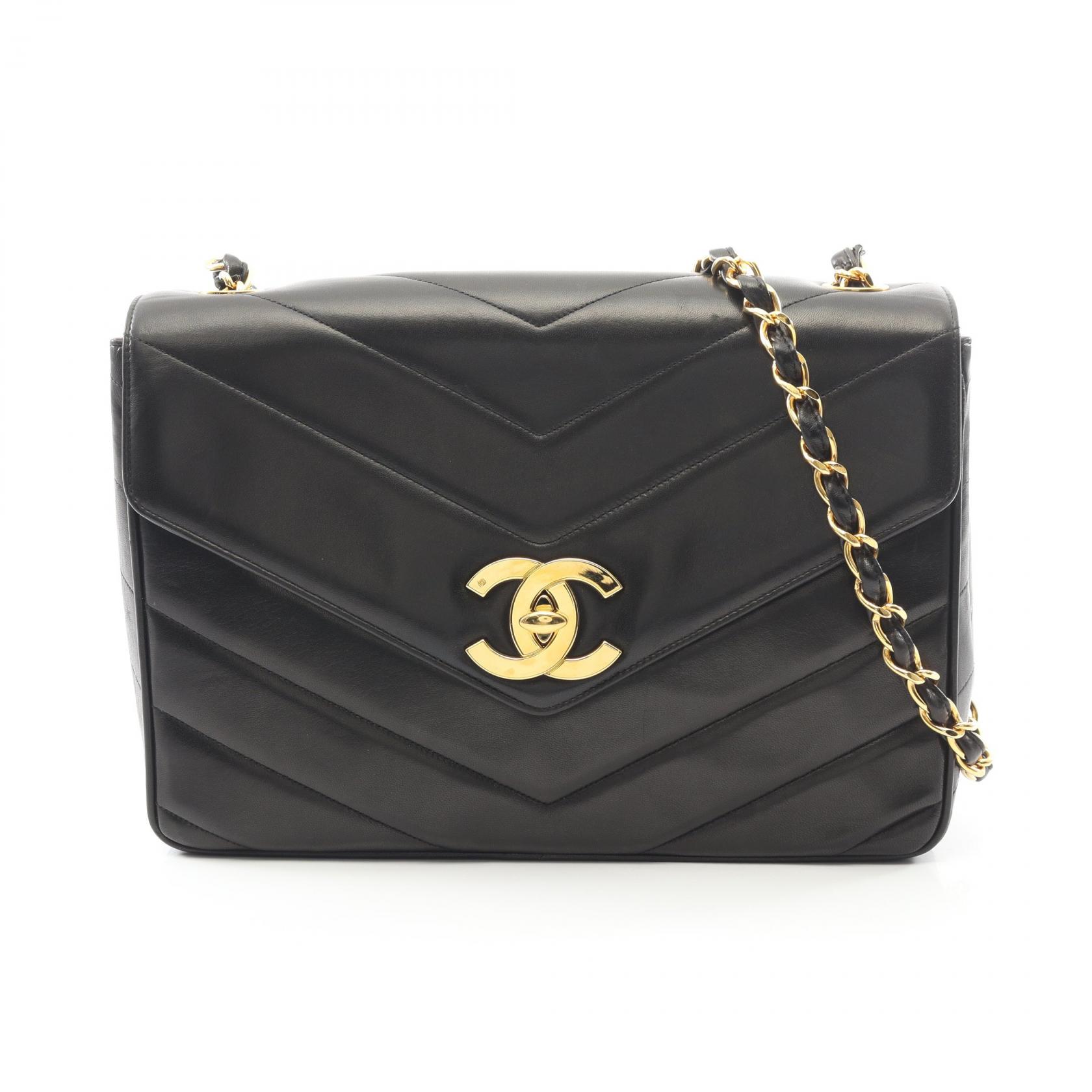 ≪5%OFFクーポン＆まとめ買い10% ～7/26 9:59〆≫シャネル CHANEL Vステッチ ショルダーバッグ バッグ ラムスキン（羊革） レディース ブラック系 【中古】｜BRANDOFF TOKYO