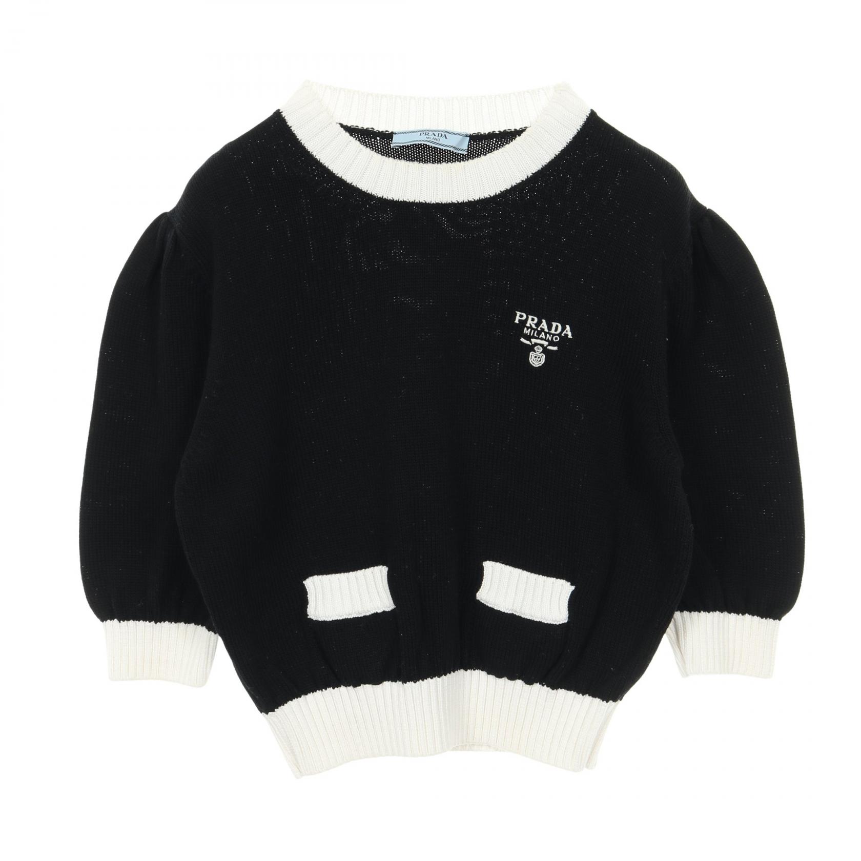 【5千円OFFクーポン対象】プラダ PRADA ロゴ セーター ニット 衣料品 トップス コットン レディース ブラック系 / ホワイト系 【中古】