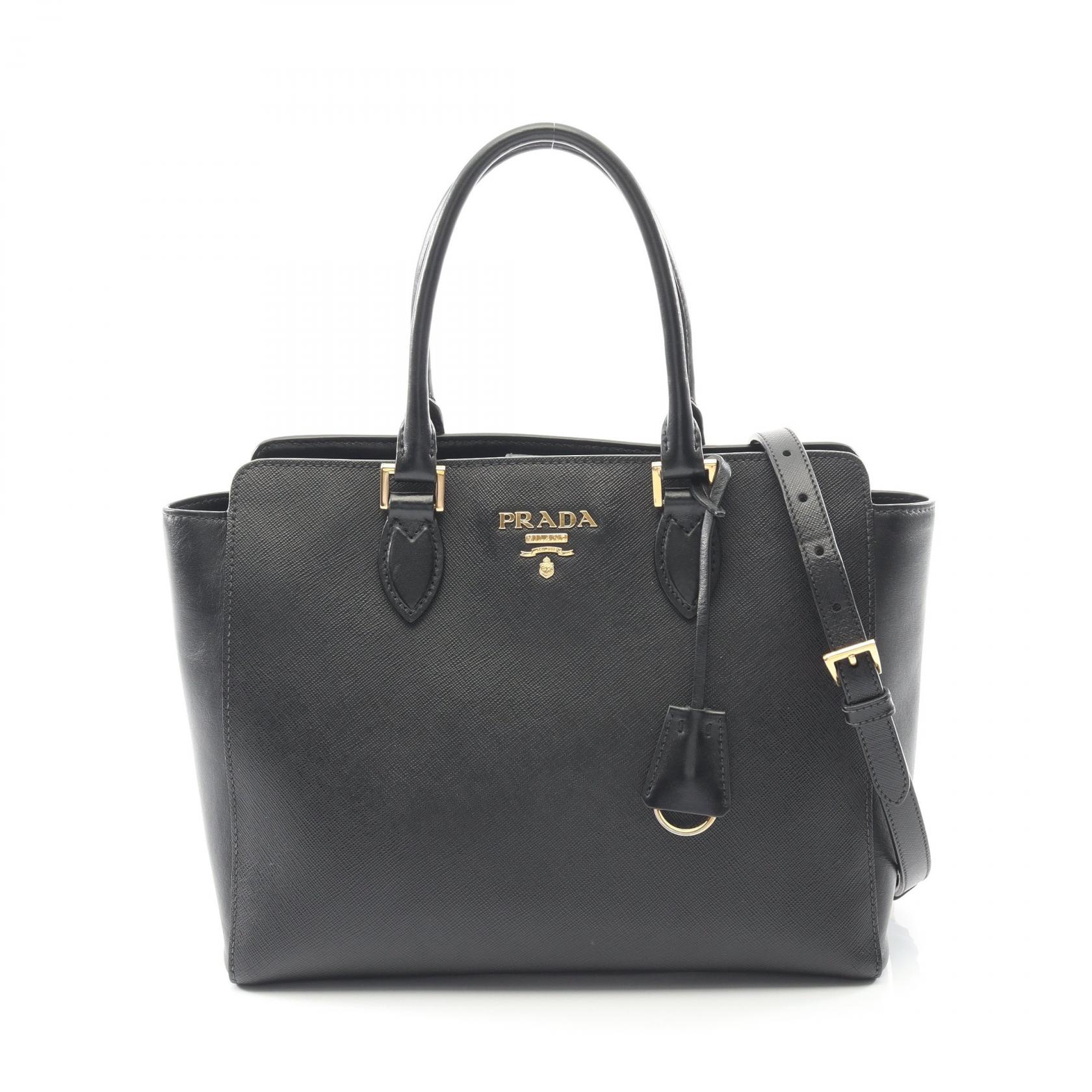 ≪5％OFFクーポン対象＆まとめ買い10%OFF≫プラダ PRADA SAFFIANO+SOFT CALF ハンドバッグ バッグ レザー レディース ブラック系 1BA189 【中古】 100,000円