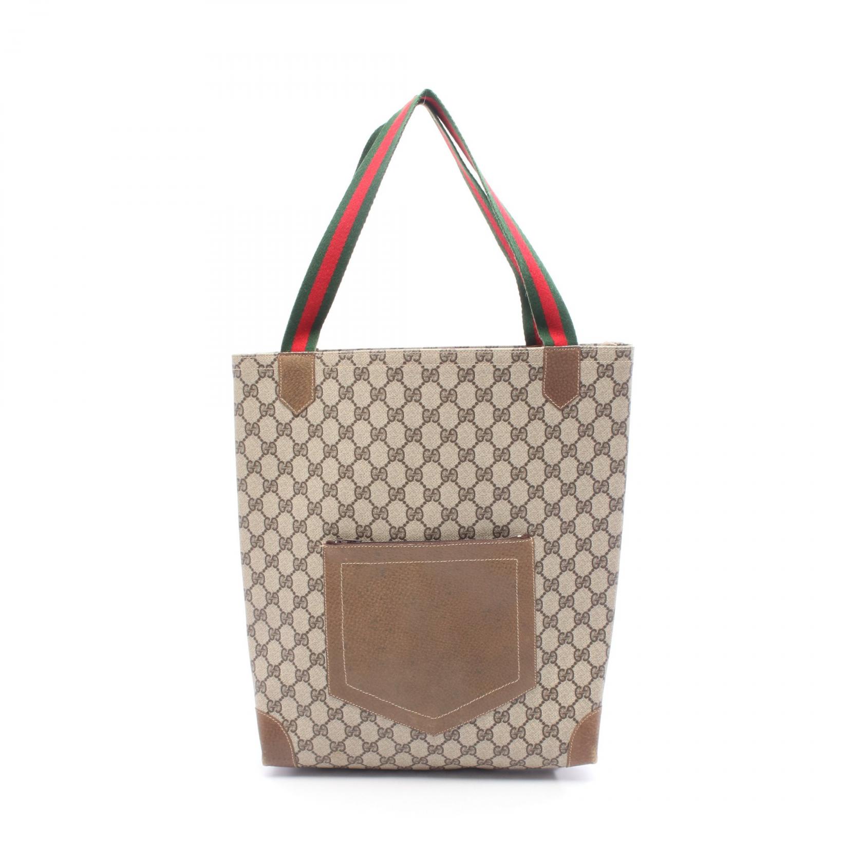 ≪5%OFFクーポン＆まとめ買い10% ～7/26 9:59〆≫グッチ GUCCI オールドグッチ GGプラス シェリーライン トートバッグ バッグ PVCコーティングキャンバス レザー レディース ベージュ系 / ブラウン系 47・02・4120 【中古】｜BRANDOFF TOKYO