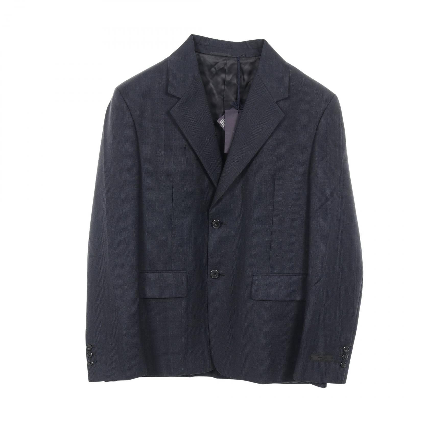 ≪5%OFFクーポン&まとめ買い10% ~7/26 9:59〆≫プラダ PRADA シングルブレスト テーラードジャケット 衣料品 アウター ウール シルク モヘヤ メンズ ネイビー系 【中古】|BRANDOFF TOKYO