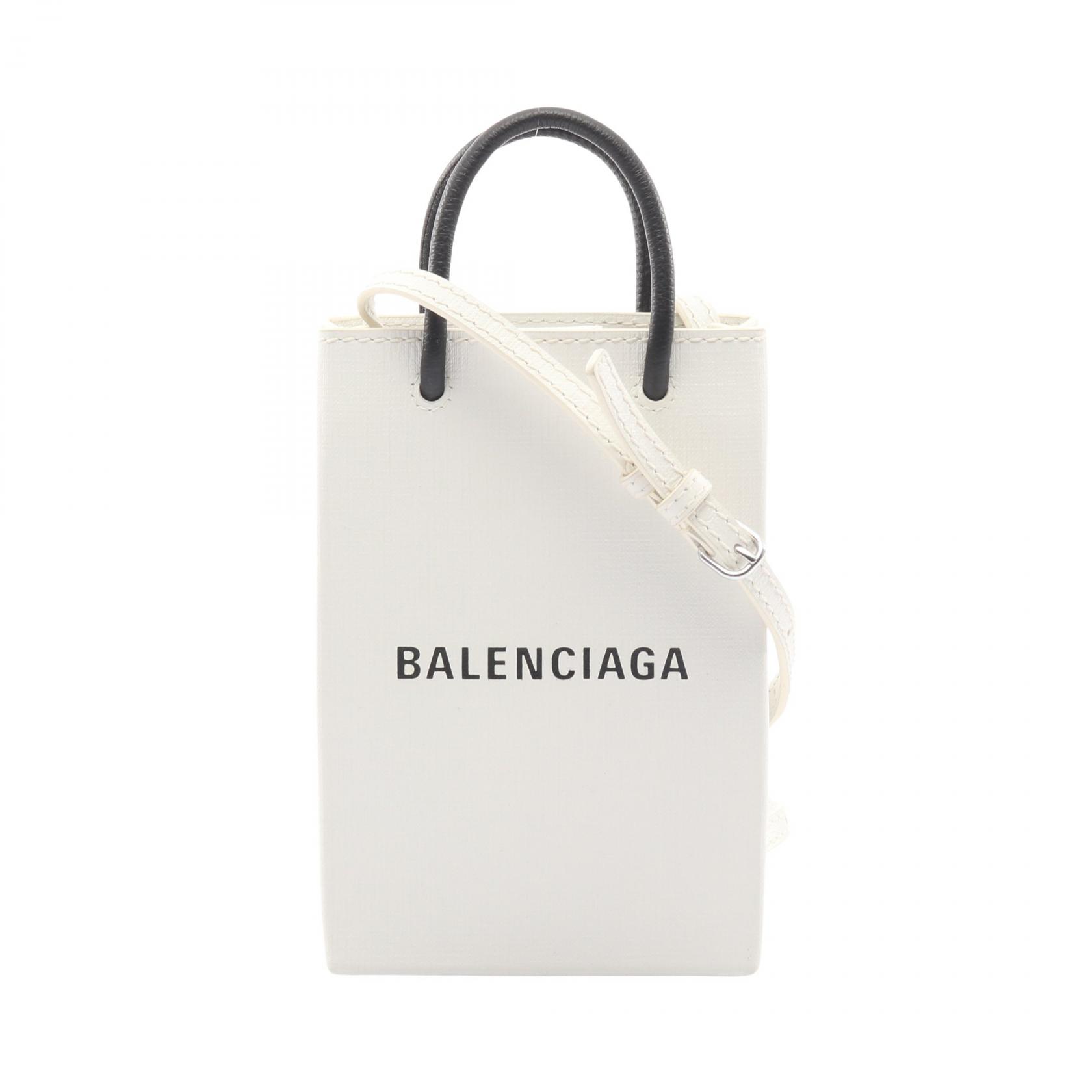 バレンシアガ BALENCIAGA SHOPPING PHONE HOLDER ショッピング フォンフォルダー ショルダーバッグ バッグ レザー レディース ホワイト系 / ブラック系 593826 【中古】 44,400円