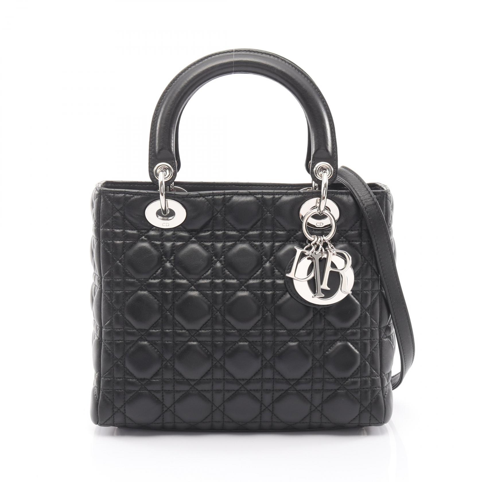 ≪5％OFFクーポン対象＆まとめ買い10%OFF≫ディオール Dior LADY DIOR レディディオール カナージュ ハンドバッグ バッグ レザー レディース ブラック系 【中古】