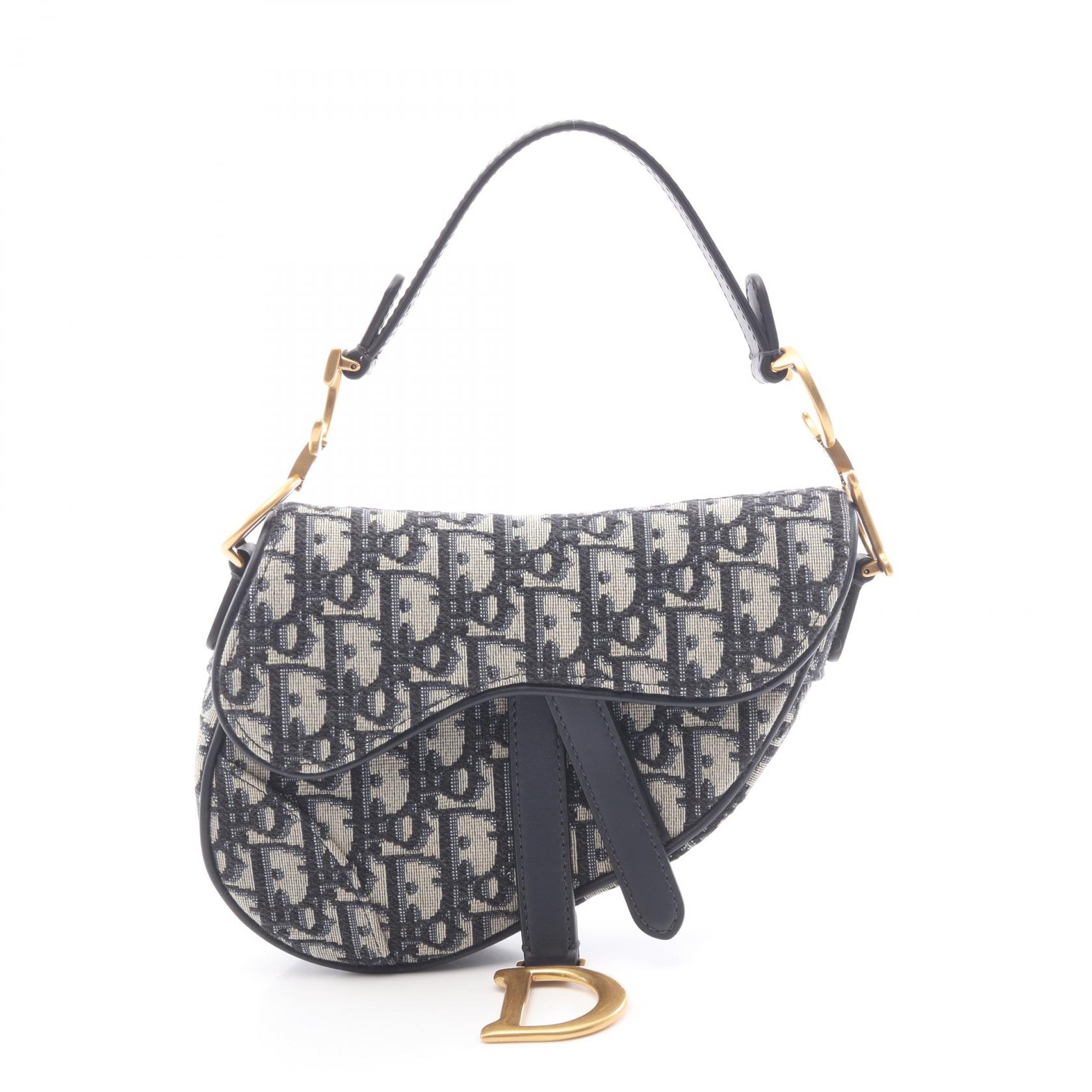 ≪5%OFFクーポン＆まとめ買い10% ～7/26 9:59〆≫ディオール Dior サドルバッグ ミニ オブリークジャカード ハンドバッグ バッグ キャンバス レザー レディース アイボリー系 / ネイビー系 【中古】｜BRANDOFF TOKYO