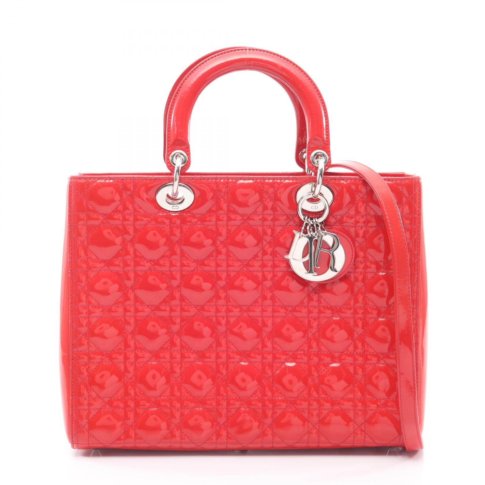 ≪5％OFFクーポン対象＆まとめ買い10%OFF≫ディオール Dior レディディオール ラージ ハンドバッグ バッグ パテントレザー レディース レッド系 【中古】