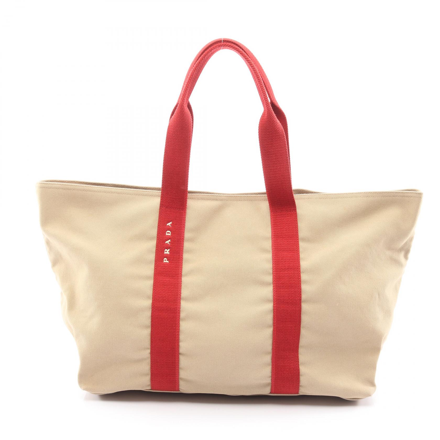 【ポイント5倍｜4/18 0:00～4/20 23:59】プラダスポーツ リネアロッサ PRADA SPORT LINEA ROSSA トートバッグ バッグ キャンバス レディース ベージュ系 / レッド系 4VA367 【中古】