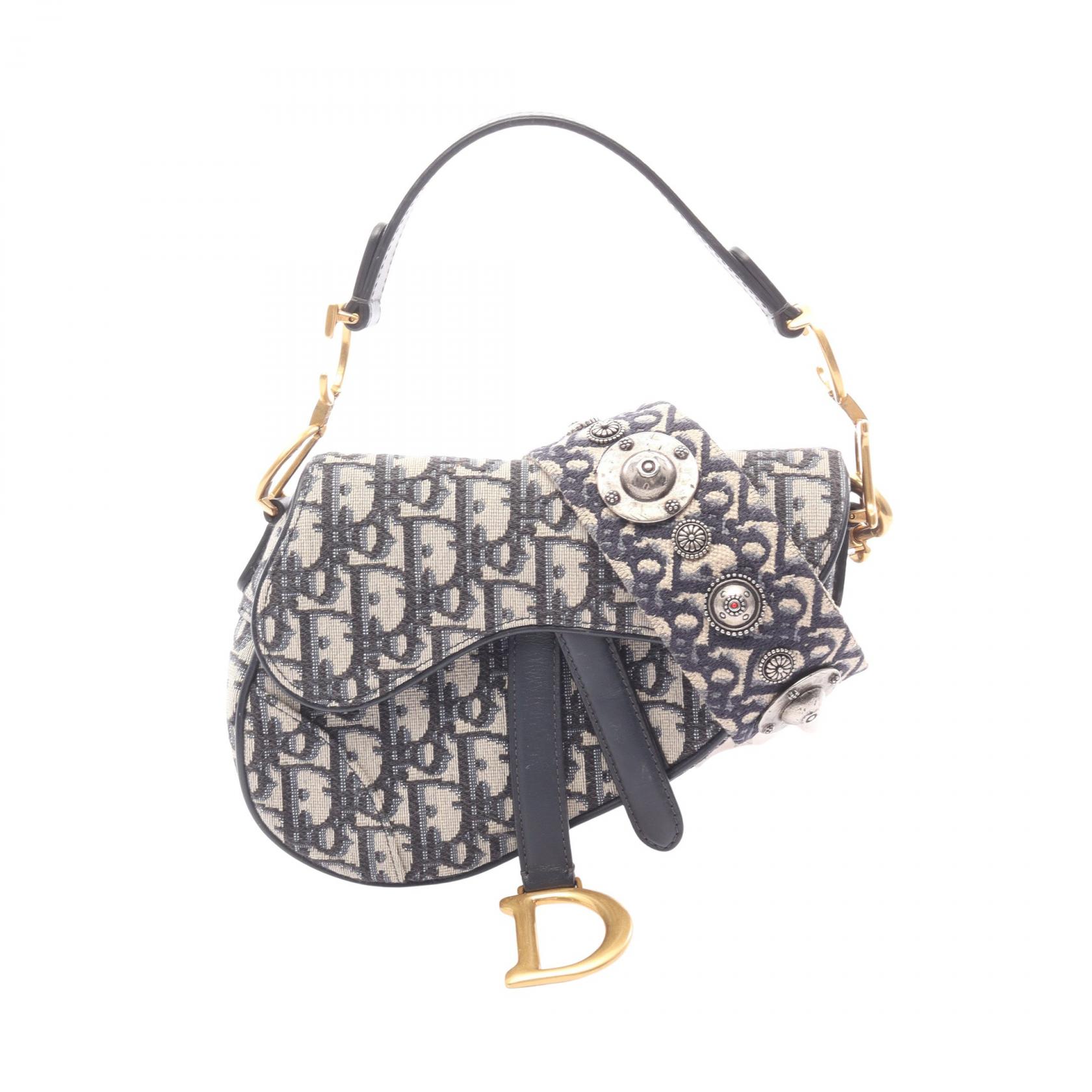 ディオール Dior サドルバッグ ミニ オブリークジャカード ハンドバッグ バッグ キャンバス レザー レディース アイボリー系 / ネイビー系 【中古】