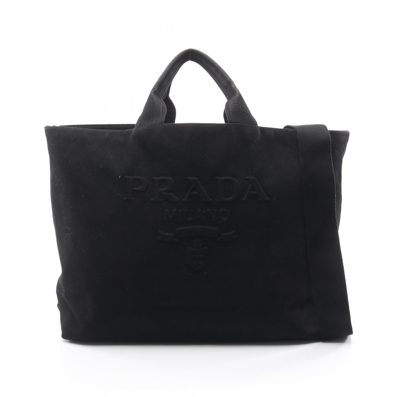 ≪5%OFFクーポン&まとめ買い10% ~7/26 9:59〆≫プラダ PRADA ドリル トートバッグ バッグ キャンバス レディース ブラック系 2VG081 【中古】|BRANDOFF TOKYO