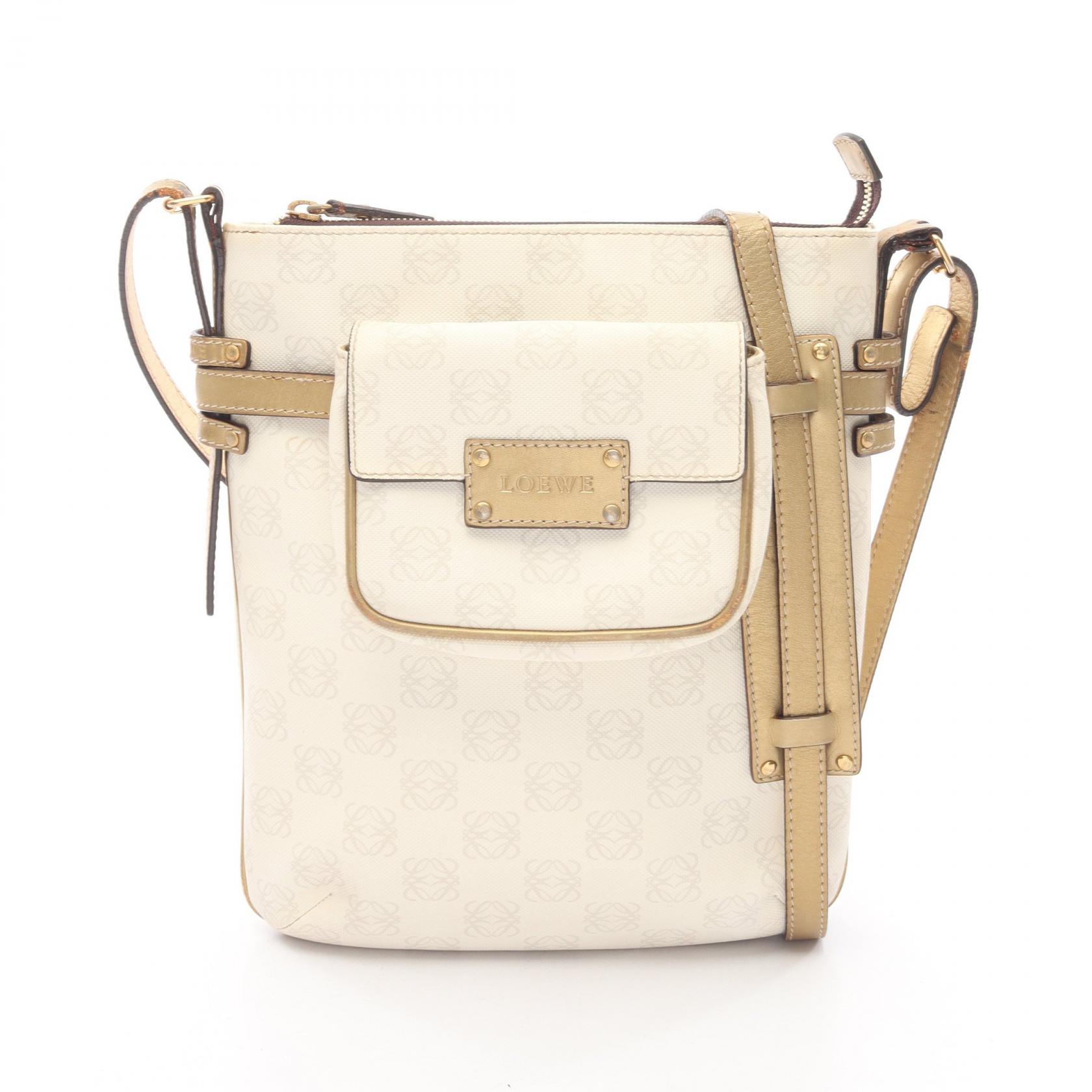 ≪5%OFFクーポン&まとめ買い10% ~7/26 9:59〆≫ロエベ LOEWE リピートアナグラム ショルダーバッグ バッグ PVCコーティングキャンバス レザー レディース ホワイト系 / ゴールド系 【中古】|BRANDOFF TOKYO