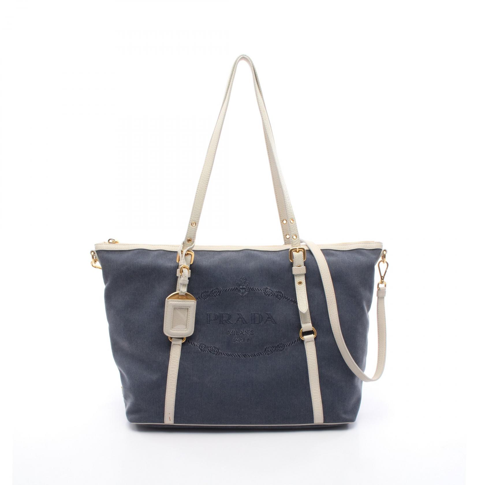 ≪5％OFFクーポン対象＆まとめ買い10%OFF≫プラダ PRADA ロゴジャガード トートバッグ バッグ キャンバス レザー レディース ネイビー系 / ホワイト系 BR4253 【中古】