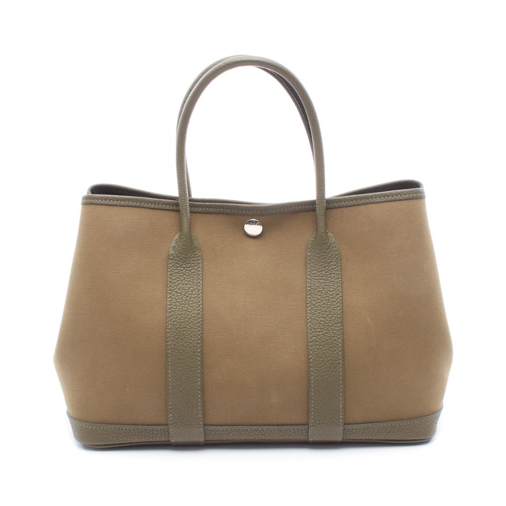 ≪5％OFFクーポン対象＆まとめ買い10%OFF≫エルメス HERMES ガーデンパーティTPM トートバッグ バッグ キャンバス レザー トワルオフィシエ / ネゴンダ トワルオフィシエ レディース カーキ系 【中古】