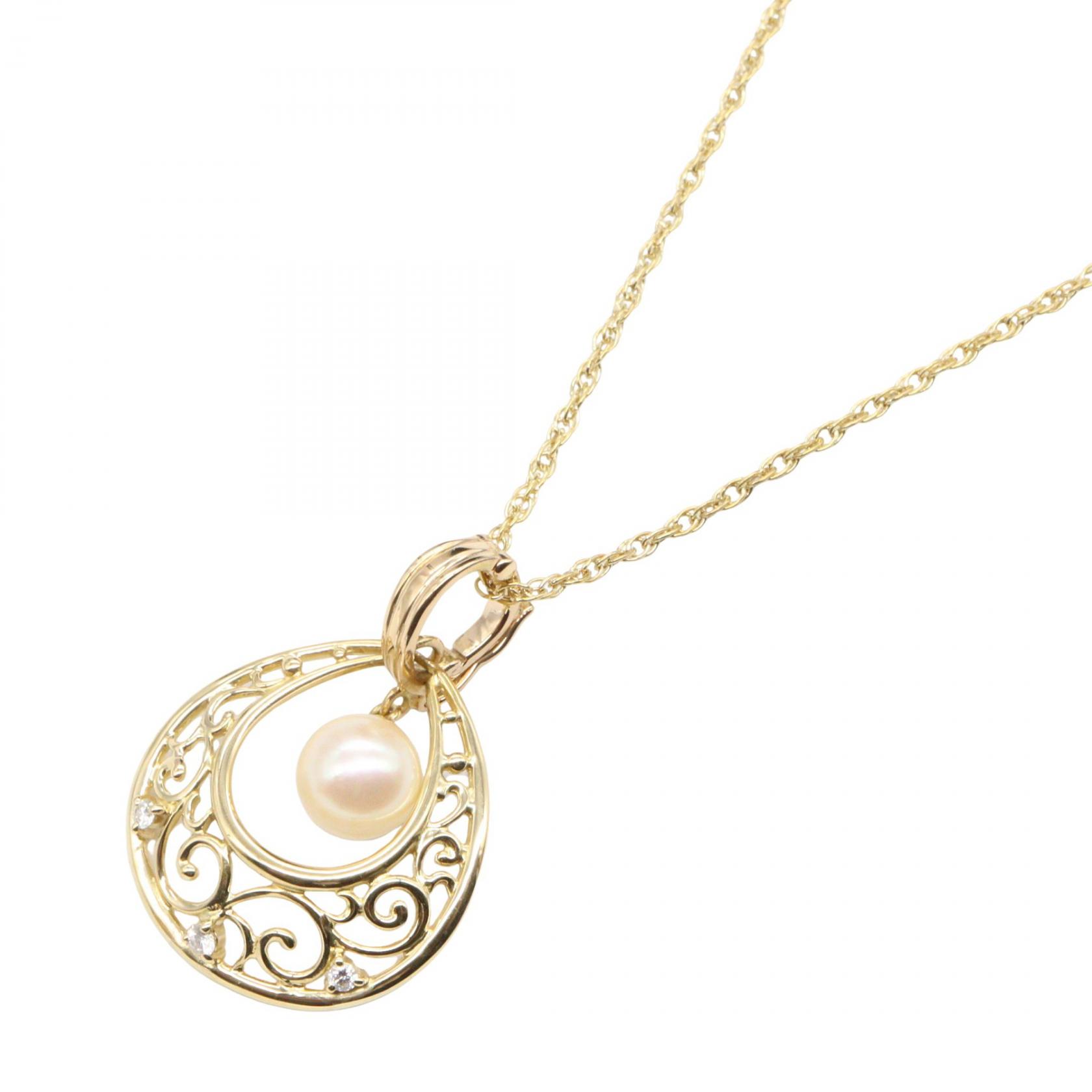【1万円OFFクーポン対象】ミキモト MIKIMOTO パール ダイヤ ネックレス ネックレス ジュエリー K18（イエローゴールド） ダイヤモンド パール レディース ゴールド系 / ホワイト系 / クリア系 【中古】