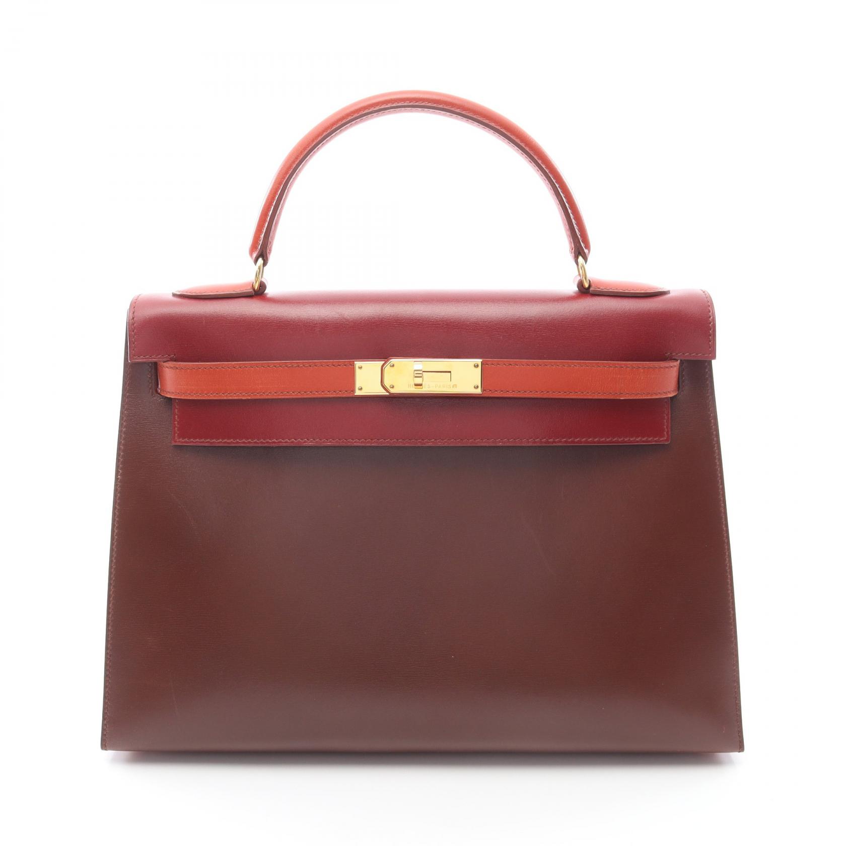 ≪5％OFFクーポン対象＆まとめ買い10%OFF≫エルメス HERMES ケリー32 トリコロール ハンドバッグ バッグ カーフ（牛革） ボックスカーフ レディース ブラウン系 / ボルドー系 / ブリック 【中古】 716,000円