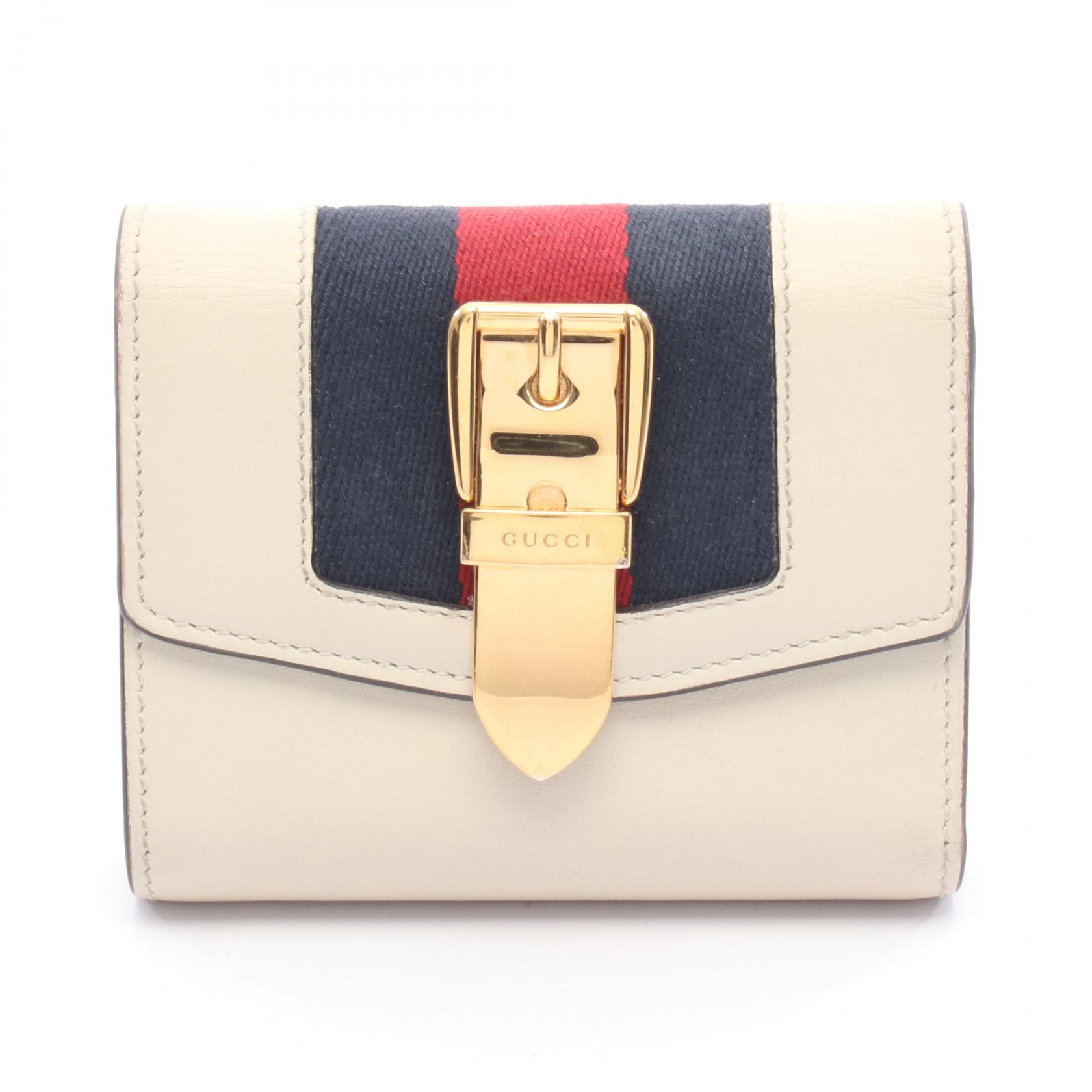 グッチ GUCCI SYLVIE シルヴィ ウェブライン 三つ折り財布 財布 レザー レディース アイボリー系 / ネイビー系 / レッド系 476081 【中古】