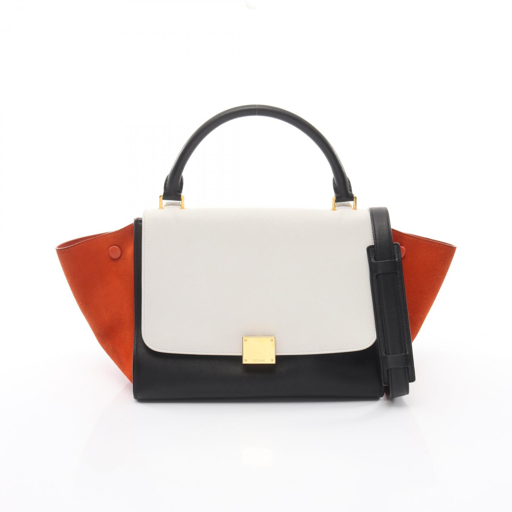 ≪5％OFFクーポン対象＆まとめ買い10%OFF≫セリーヌ CELINE トラペーズ スモール ハンドバッグ バッグ レザー スウェード レディース ホワイト系 / ブラック系 / オレンジ系 174683 【中古】