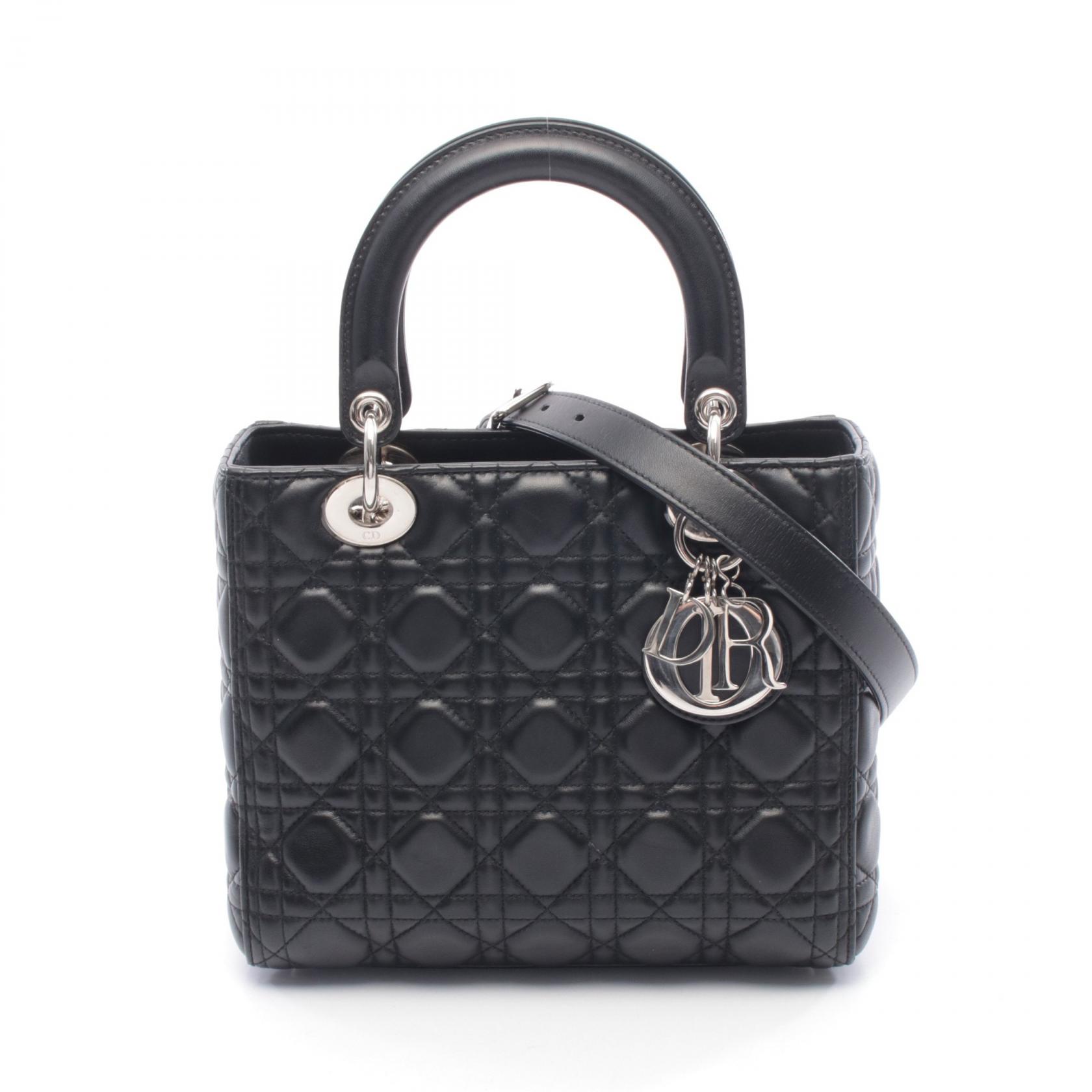 ≪5%OFFクーポン対象&まとめ買い10%OFF≫ディオール Dior LADY DIOR レディディオール カナージュ ハンドバッグ バッグ レザー レディース ブラック系 【中古】