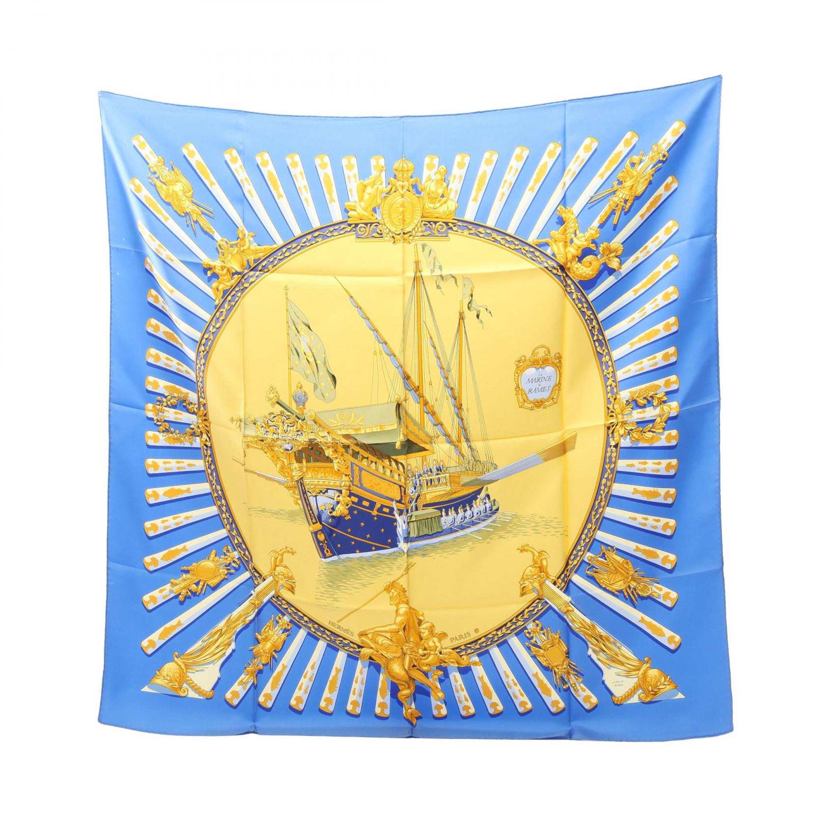 エルメス HERMES カレ90 La MARINE a RAMES スカーフ 衣料品 シルク シルク レディース ブルー系 / イエロー系 / マルチカラー 【中古】