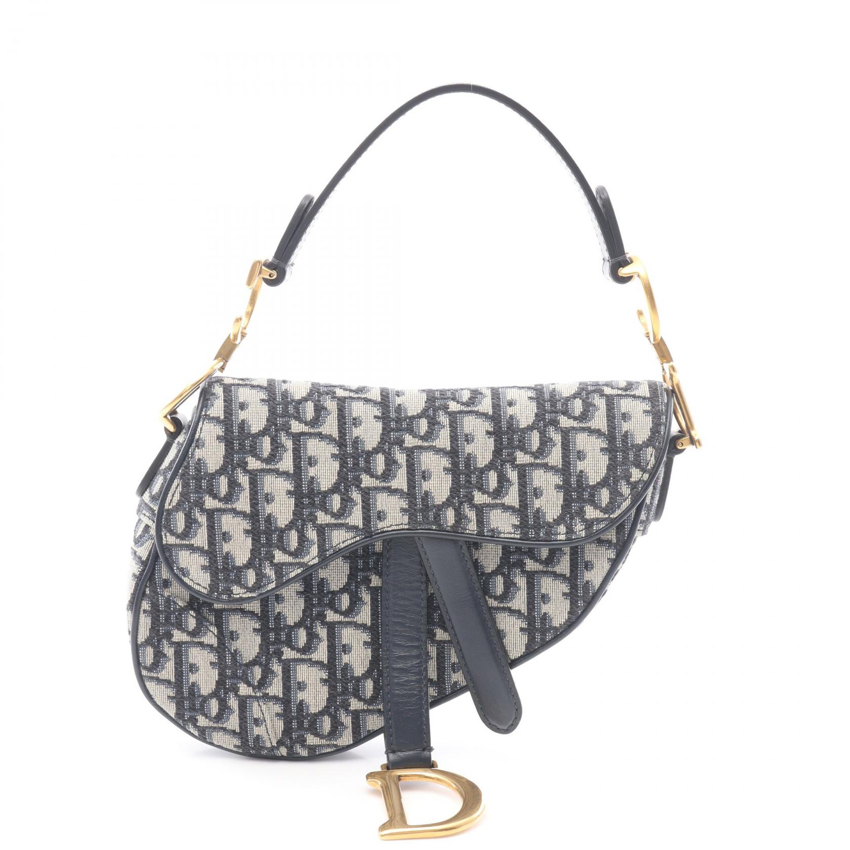 ≪5%OFFクーポン＆まとめ買い10% ～7/26 9:59〆≫ディオール Dior サドルバッグ ミニ オブリークジャカード ハンドバッグ バッグ キャンバス レザー レディース アイボリー系 / ネイビー系 【中古】｜BRANDOFF TOKYO