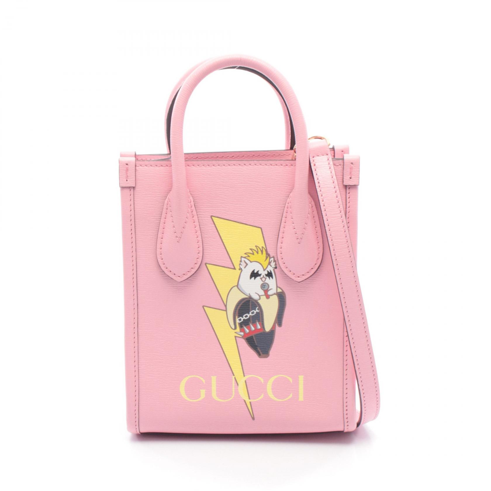 ≪5％OFFクーポン対象＆まとめ買い10%OFF≫グッチ GUCCI GUCCI × ばなにゃ ミニトートバッグ ハンドバッグ バッグ レザー レディース ピンク系 / イエロー系 671623 【中古】