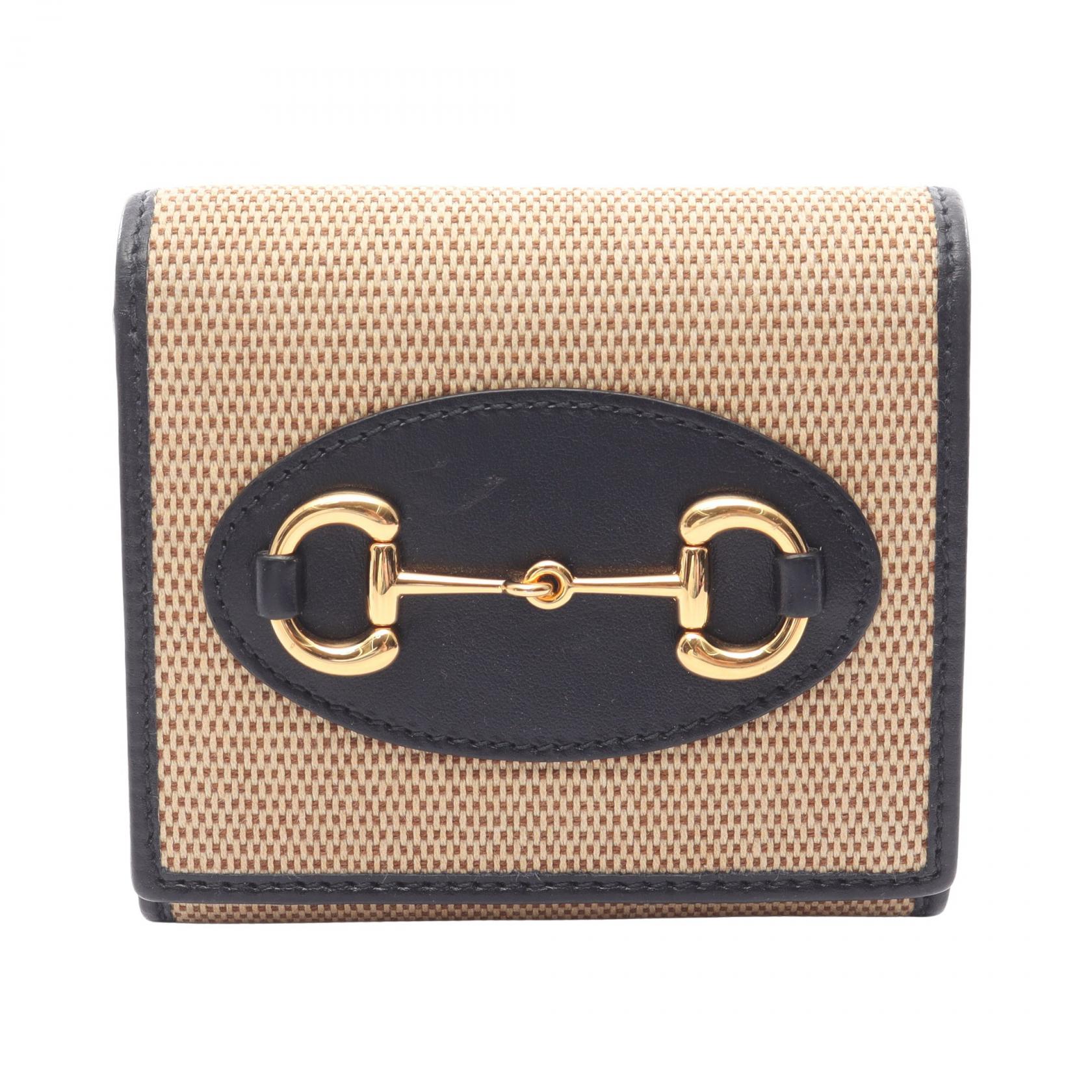 ≪5％OFFクーポン対象＆まとめ買い10%OFF≫グッチ GUCCI ホースビット 二つ折り財布 財布 キャンバス レザー レディース ベージュ系 / ネイビー系 621891 【中古】