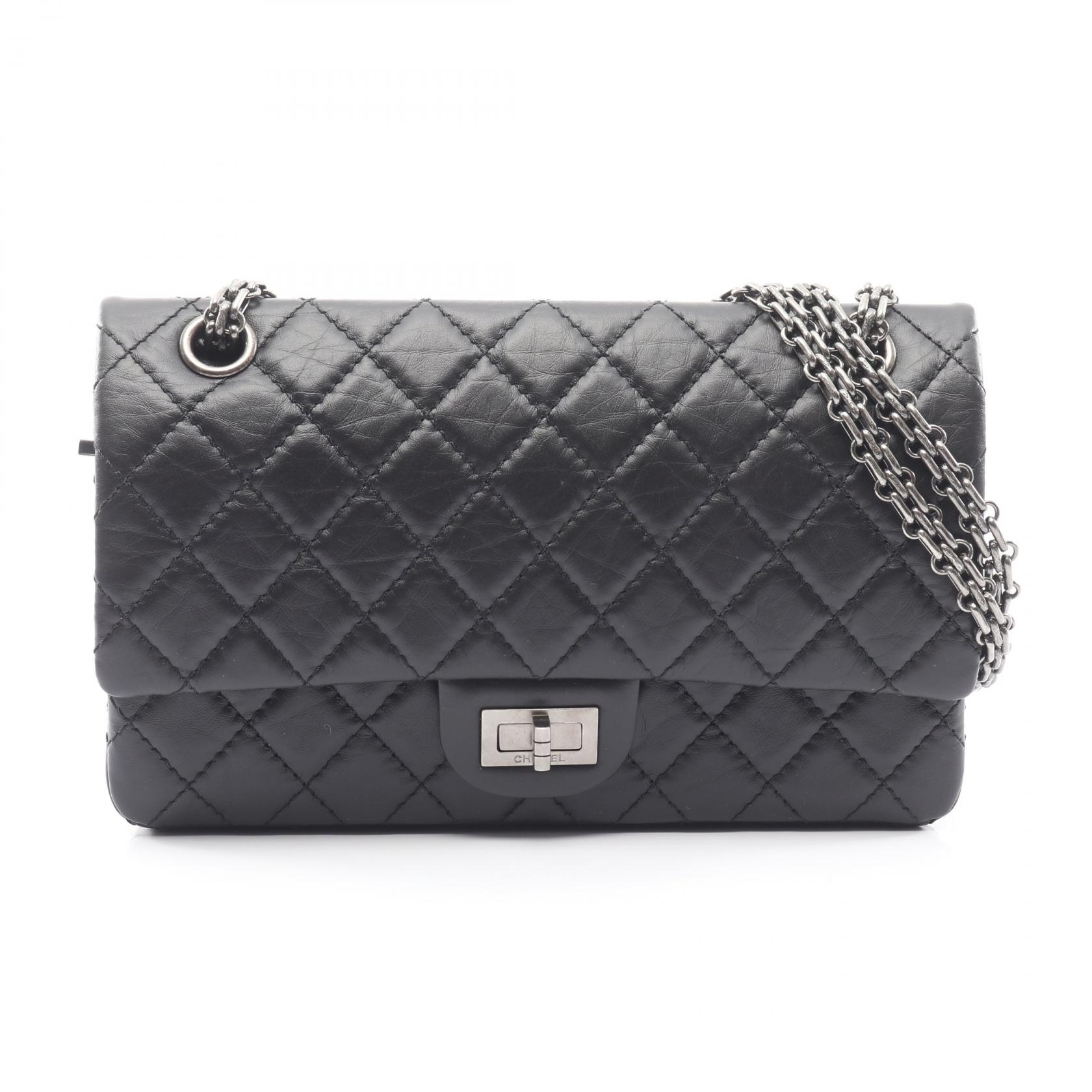 シャネル CHANEL 2.55 マドモアゼルチェーン マトラッセ Wフラップ ショルダーバッグ バッグ カーフ（牛革） レディース ブラック系 【中古】