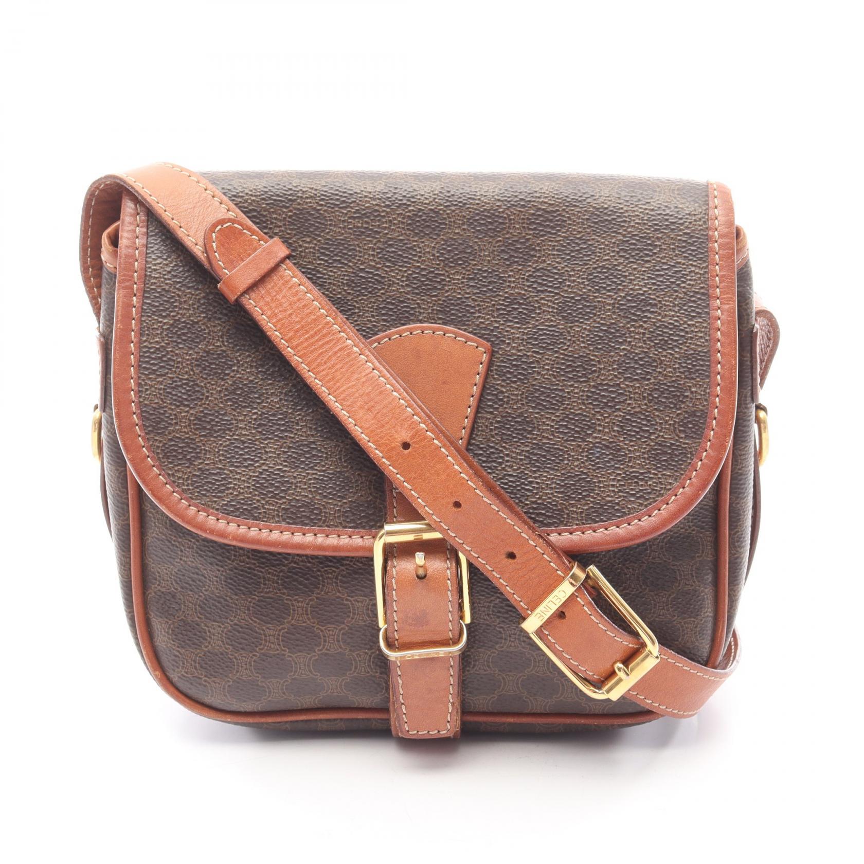 ≪5％OFFクーポン対象＆まとめ買い10%OFF≫セリーヌ CELINE マカダム ショルダーバッグ バッグ PVCコーティングキャンバス レザー レディース ブラウン系 【中古】