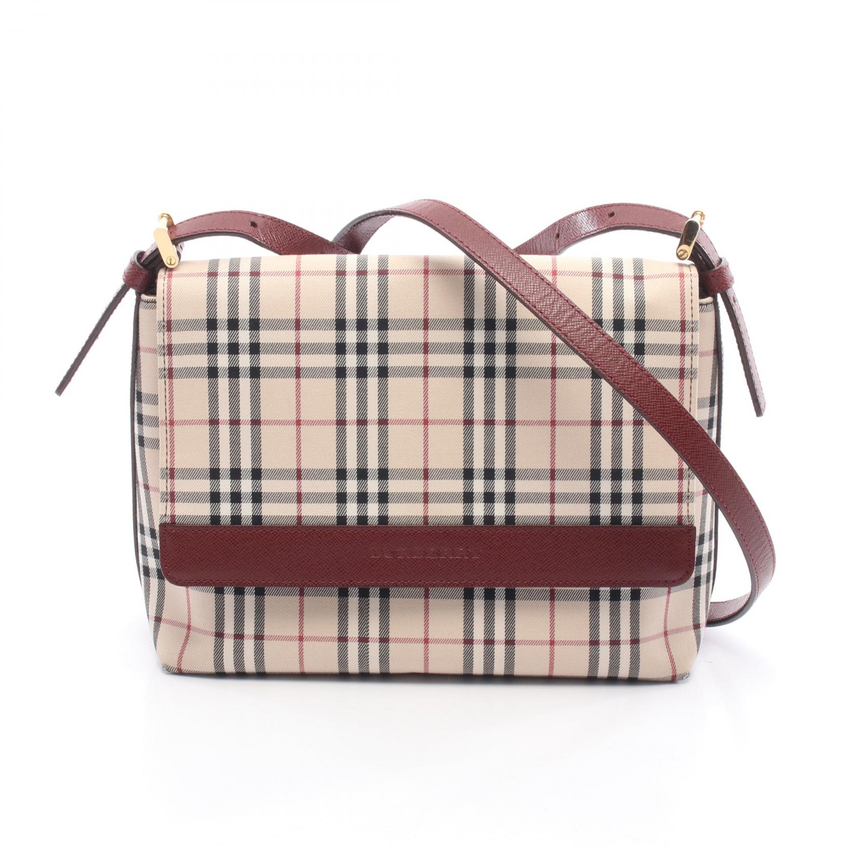 ≪5％OFFクーポン対象＆まとめ買い10%OFF≫バーバリー BURBERRY ノバチェック ショルダーバッグ バッグ キャンバス レザー レディース ベージュ系 / ボルドー系 【中古】